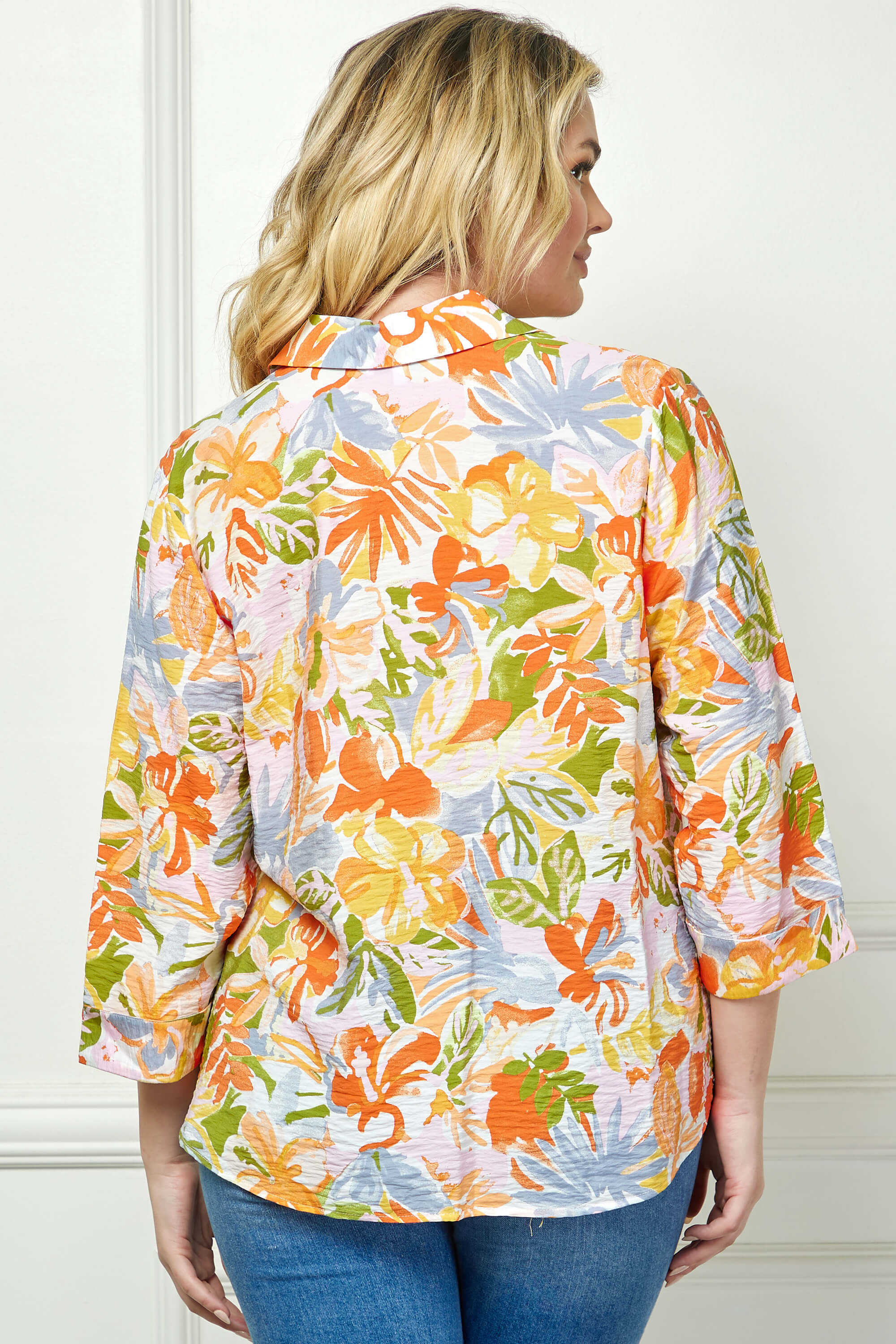 3/4 Notch Cuff Sleeve Johnny Collar Shirt in Orange - Plus - Image 2