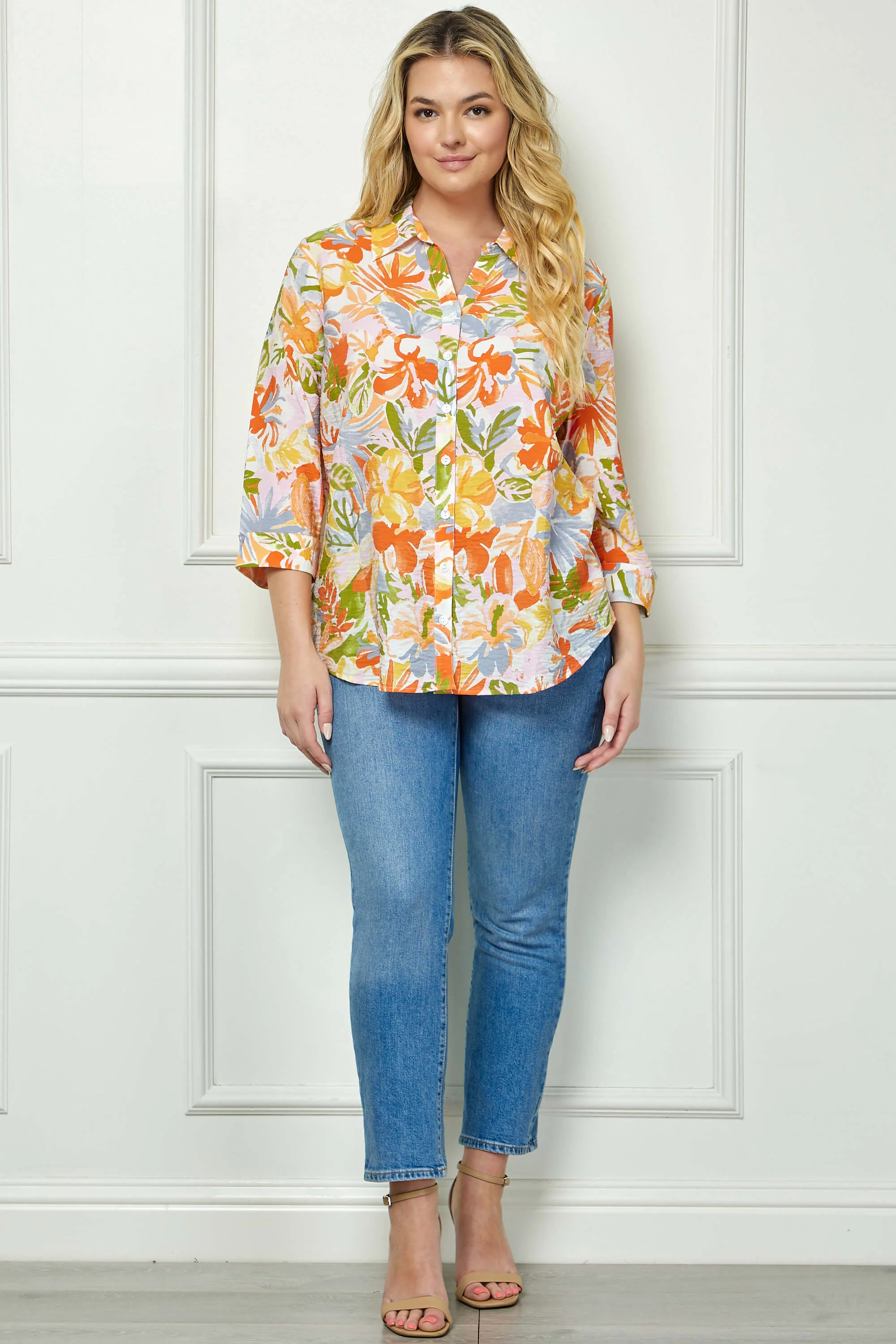 3/4 Notch Cuff Sleeve Johnny Collar Shirt in Orange - Plus - Image 4