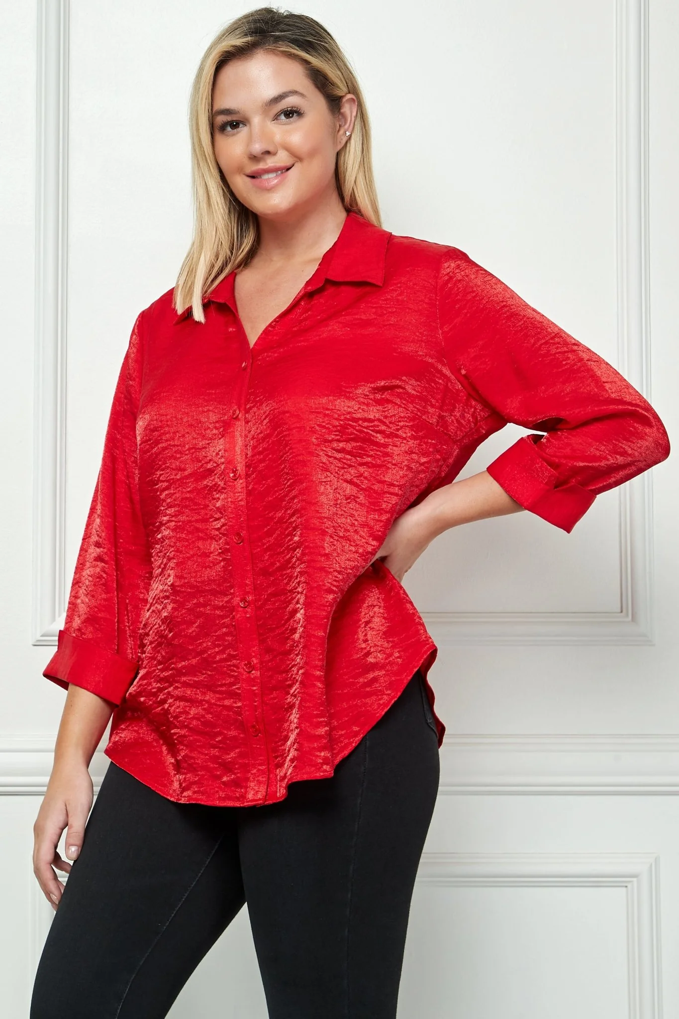 3/4 Notch Sleeve Button Front Shirt Top- Plus - Image 3