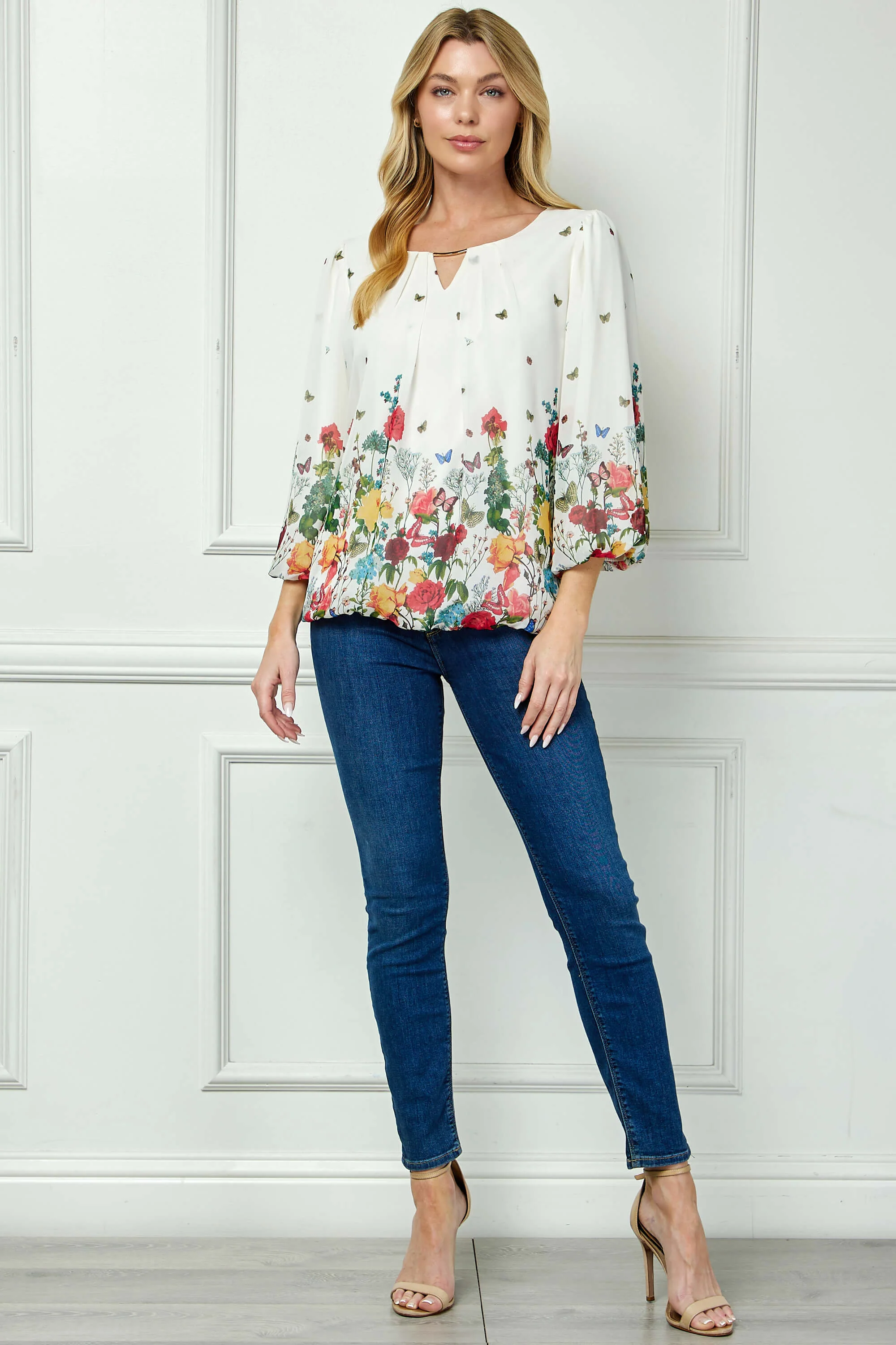 3/4 Puff Sleeve Cutout Neck Border Print Bubble Blouse - Image 4