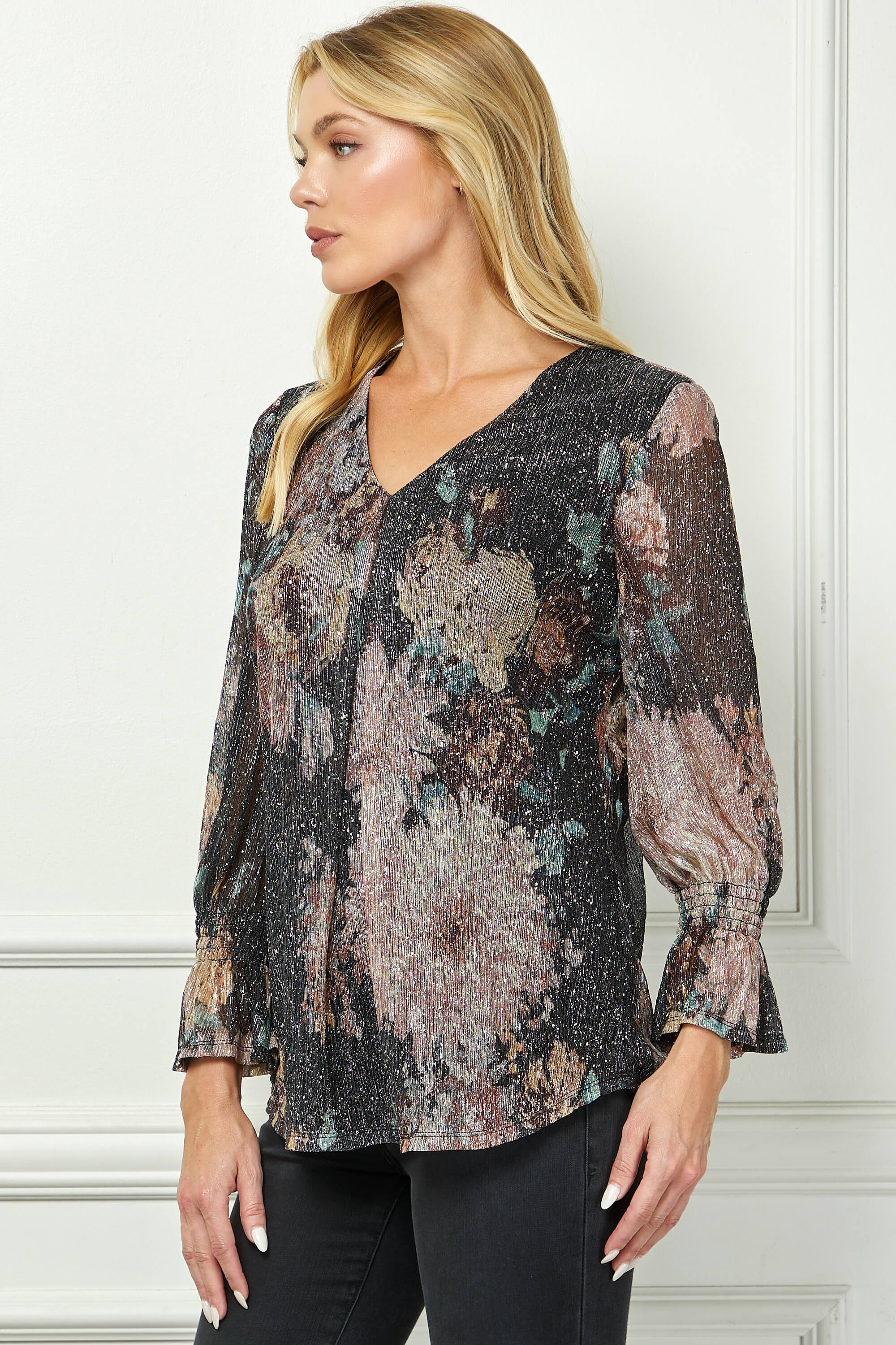 3/4 Ruffle Sleeve V-Neck Blouse - Black - Image 3