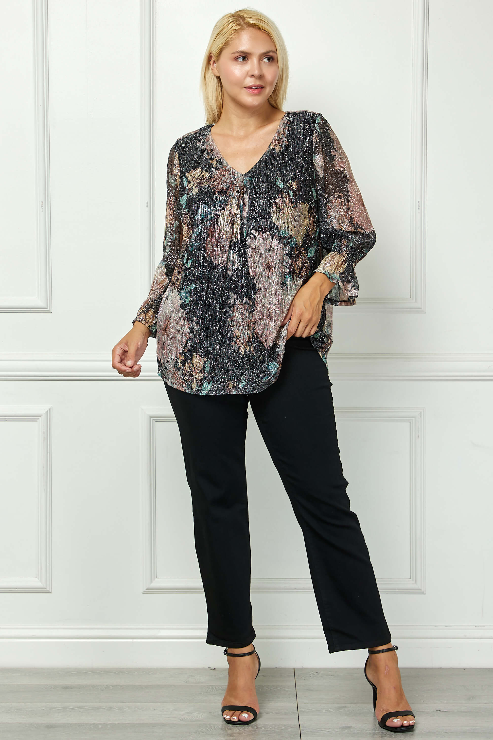 3/4 Ruffle Sleeve V-Neck Blouse - Black - Plus - Image 2