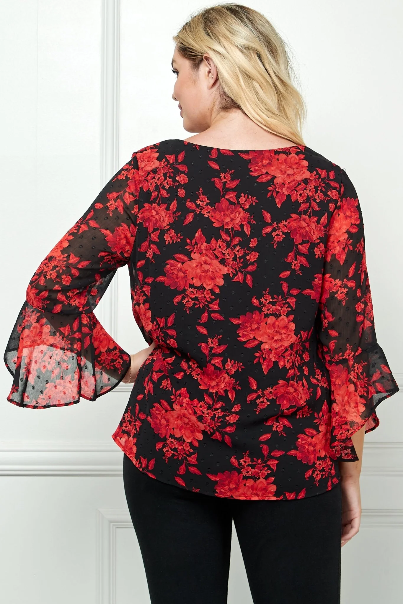 3/4 Ruffle Sleeve V-Neck Swing Blouse- Plus - Image 3