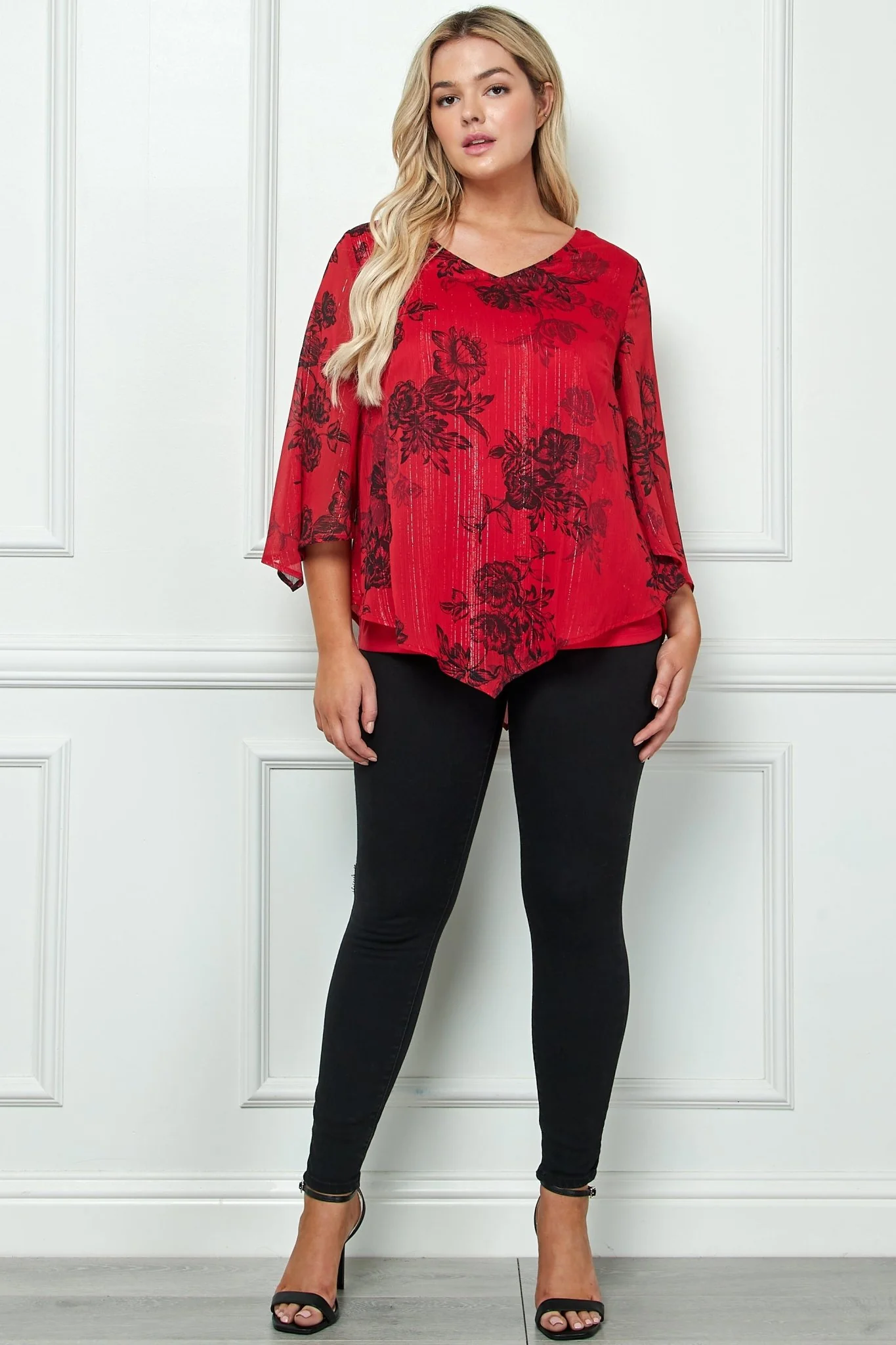 3/4 Sleeve Hanky Hem V-Neck Blouse- Plus - Image 3