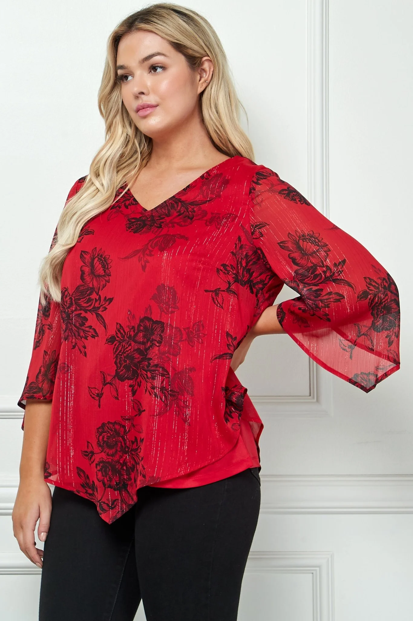 3/4 Sleeve Hanky Hem V-Neck Blouse- Plus - Image 4