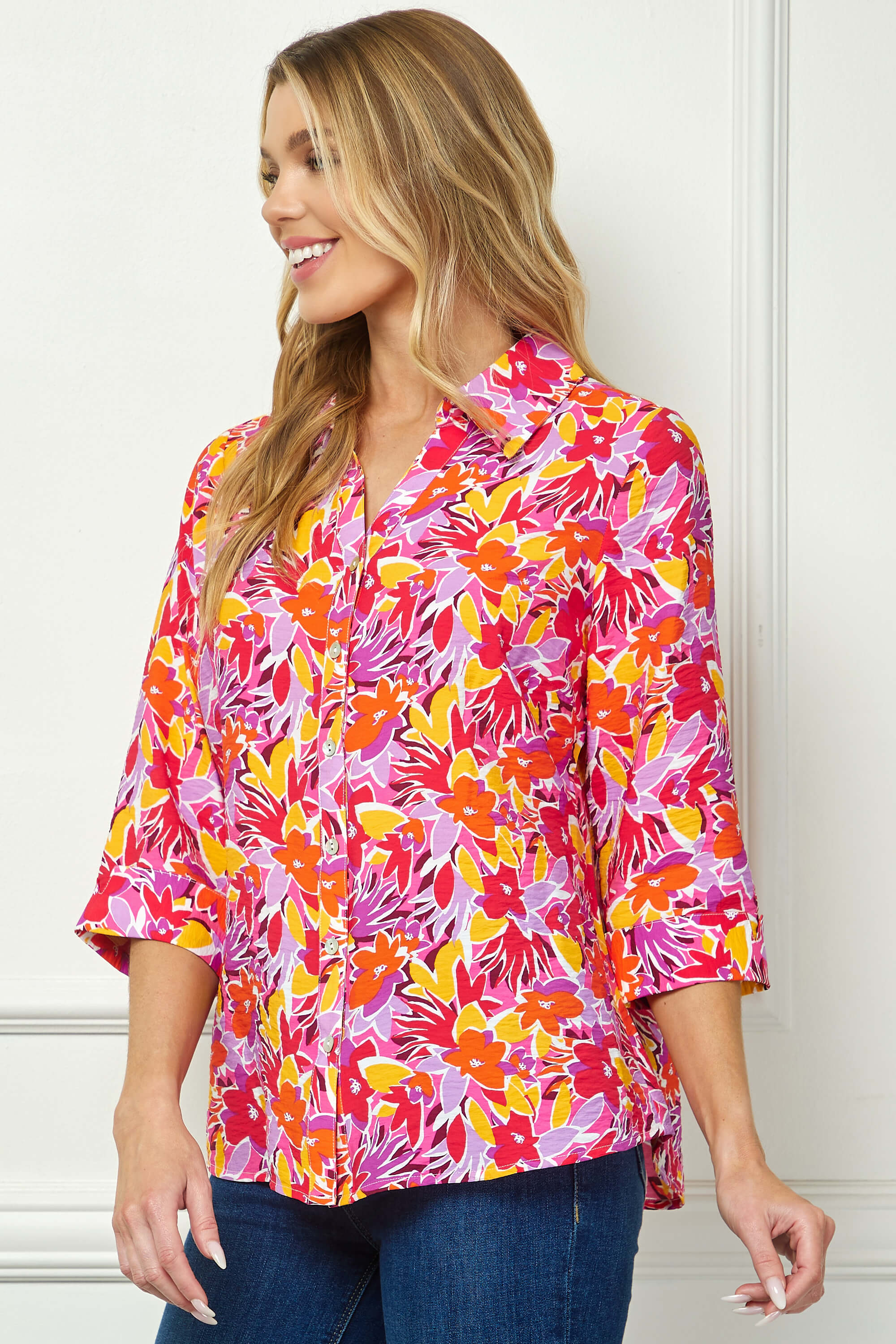 3/4 Sleeve Johnny Collar Button Front Top in Pink - Image 3