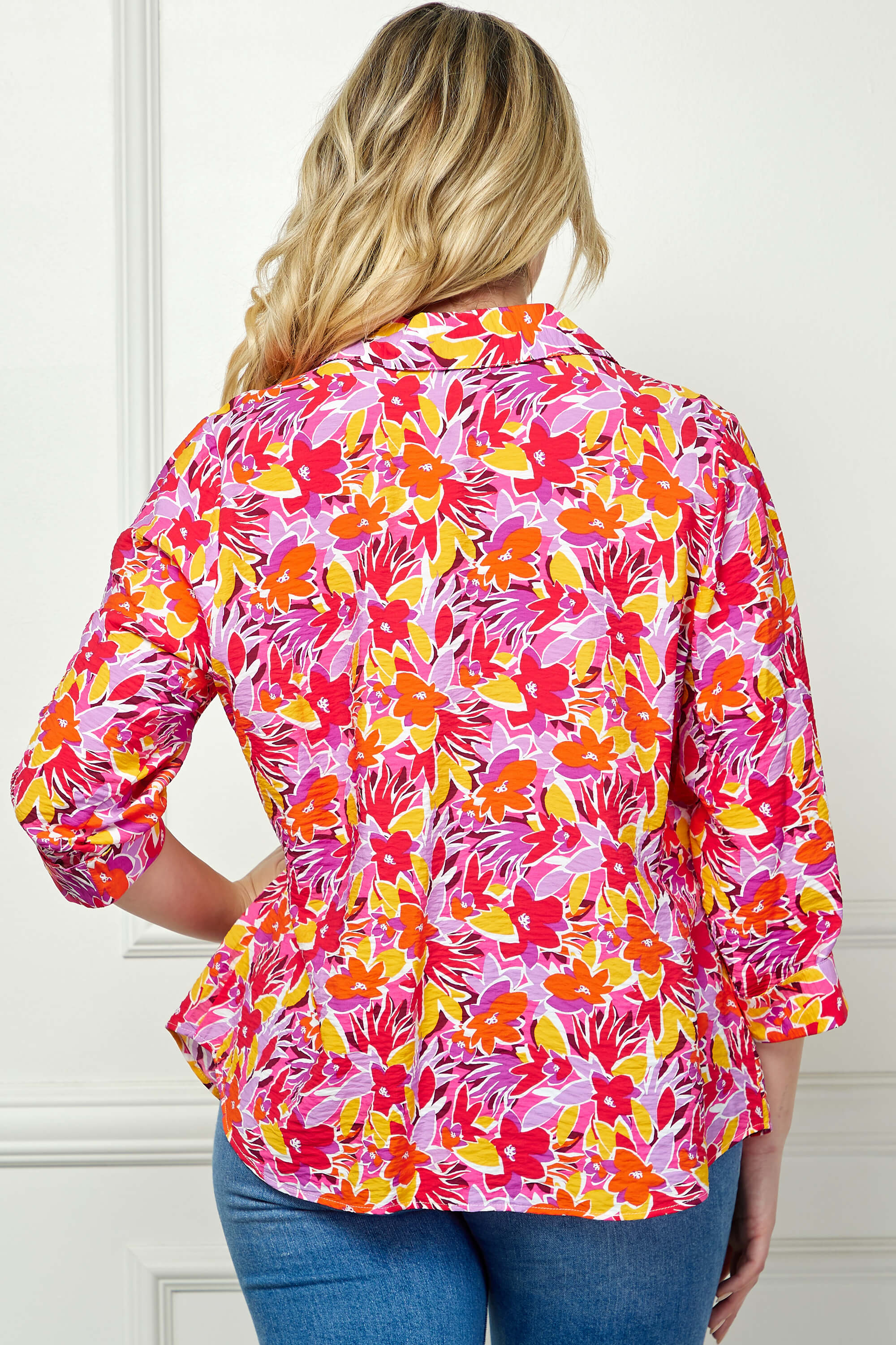 3/4 Sleeve Johnny Collar Button Front Top in Pink - Plus - Image 4