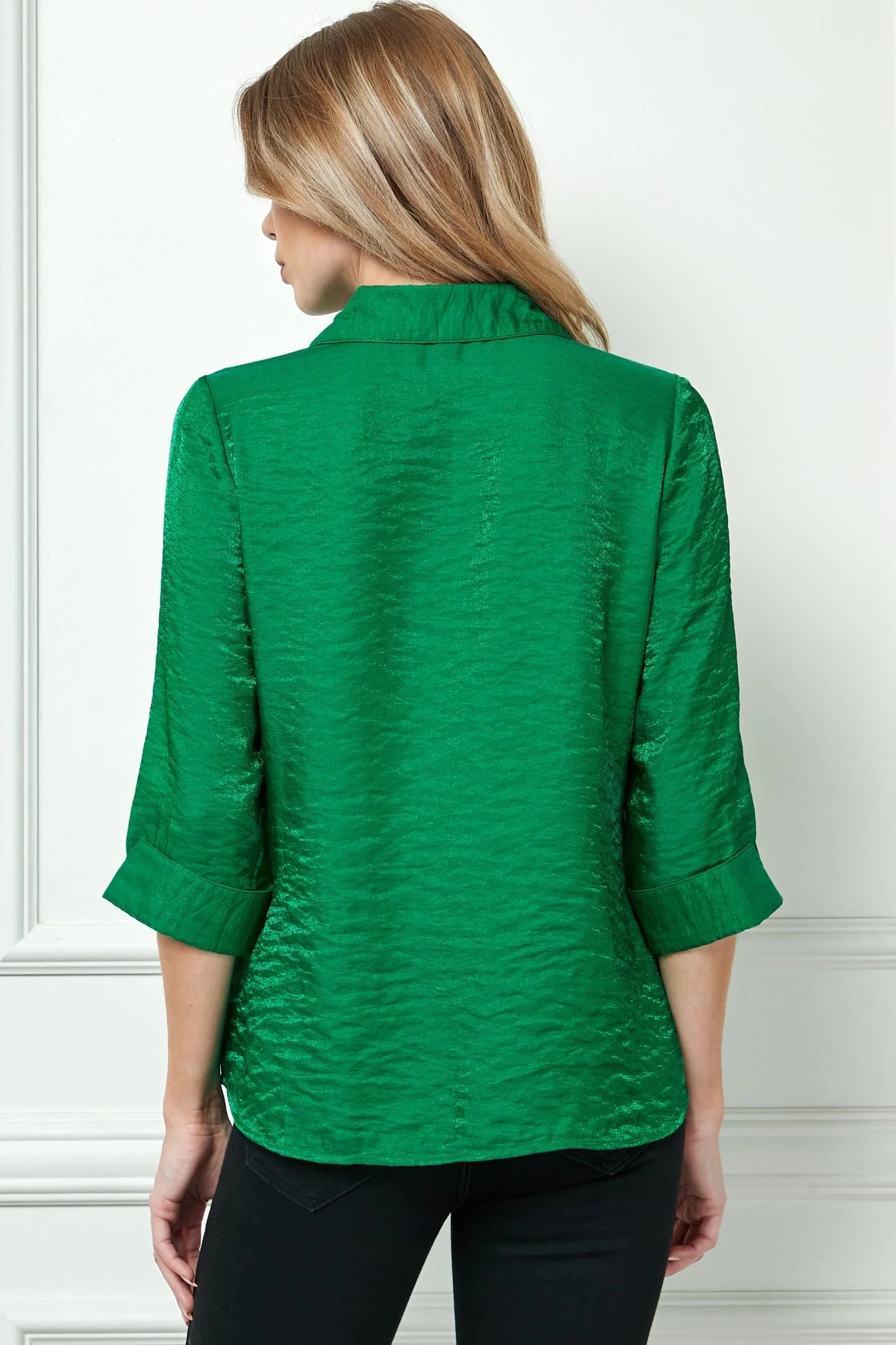 3/4 Sleeve Notch Button-Front Shirt, Green - Image 4
