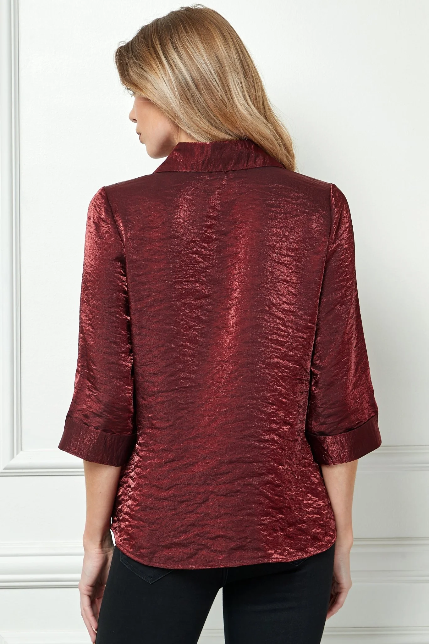 3/4 Sleeve Notch Button Front Shirt, Red - Image 4
