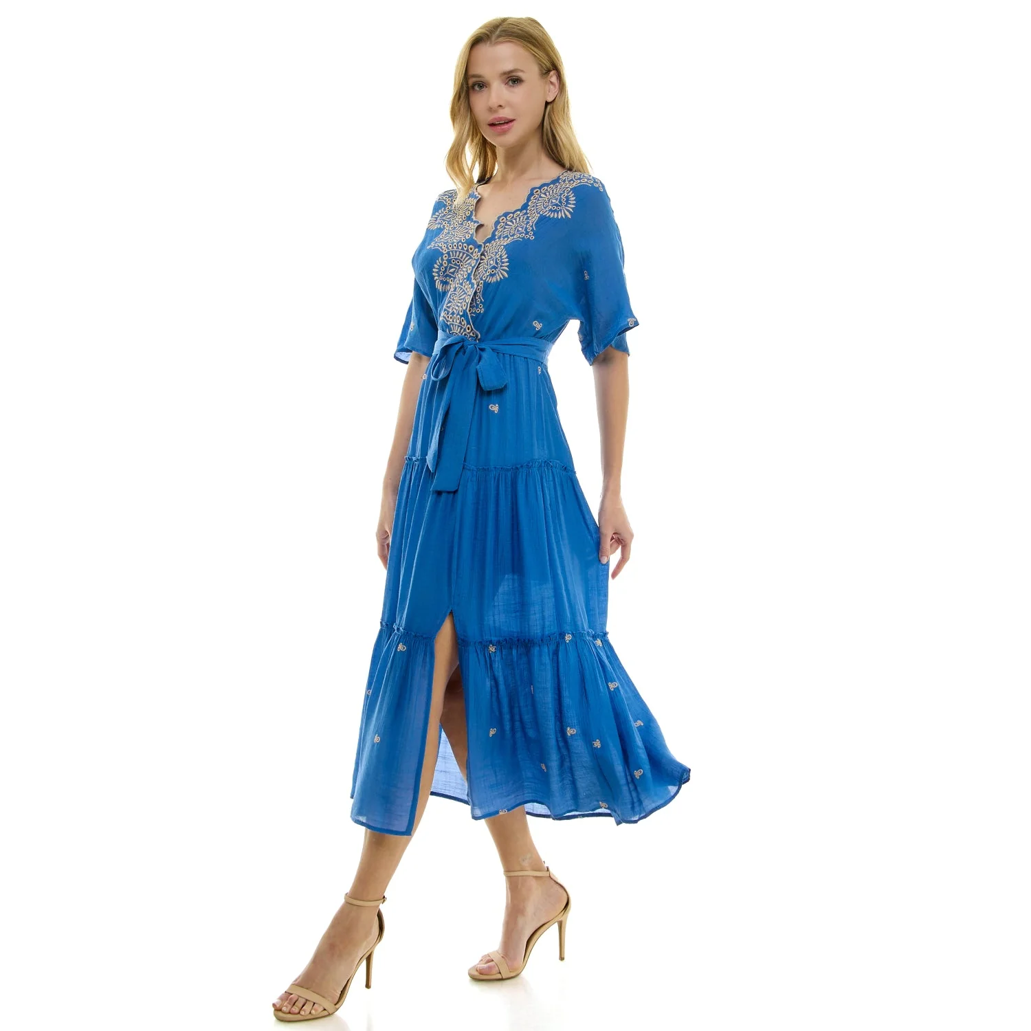 3/4 Sleeve Wrap Style Dress With Scallop Embroidered Neck - Image 2