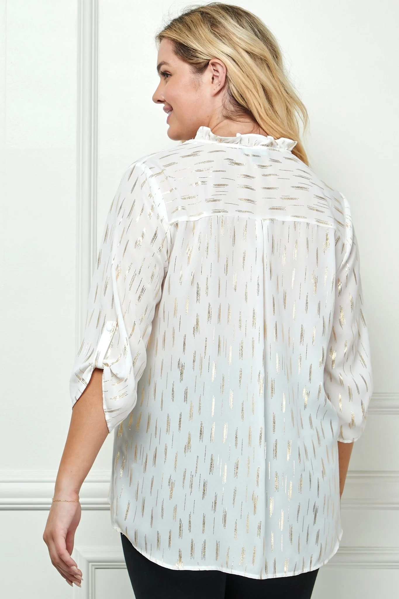 3/4 Tab Sleeve Ruffle Blouse, Ivory & Gold - Plus - Image 4