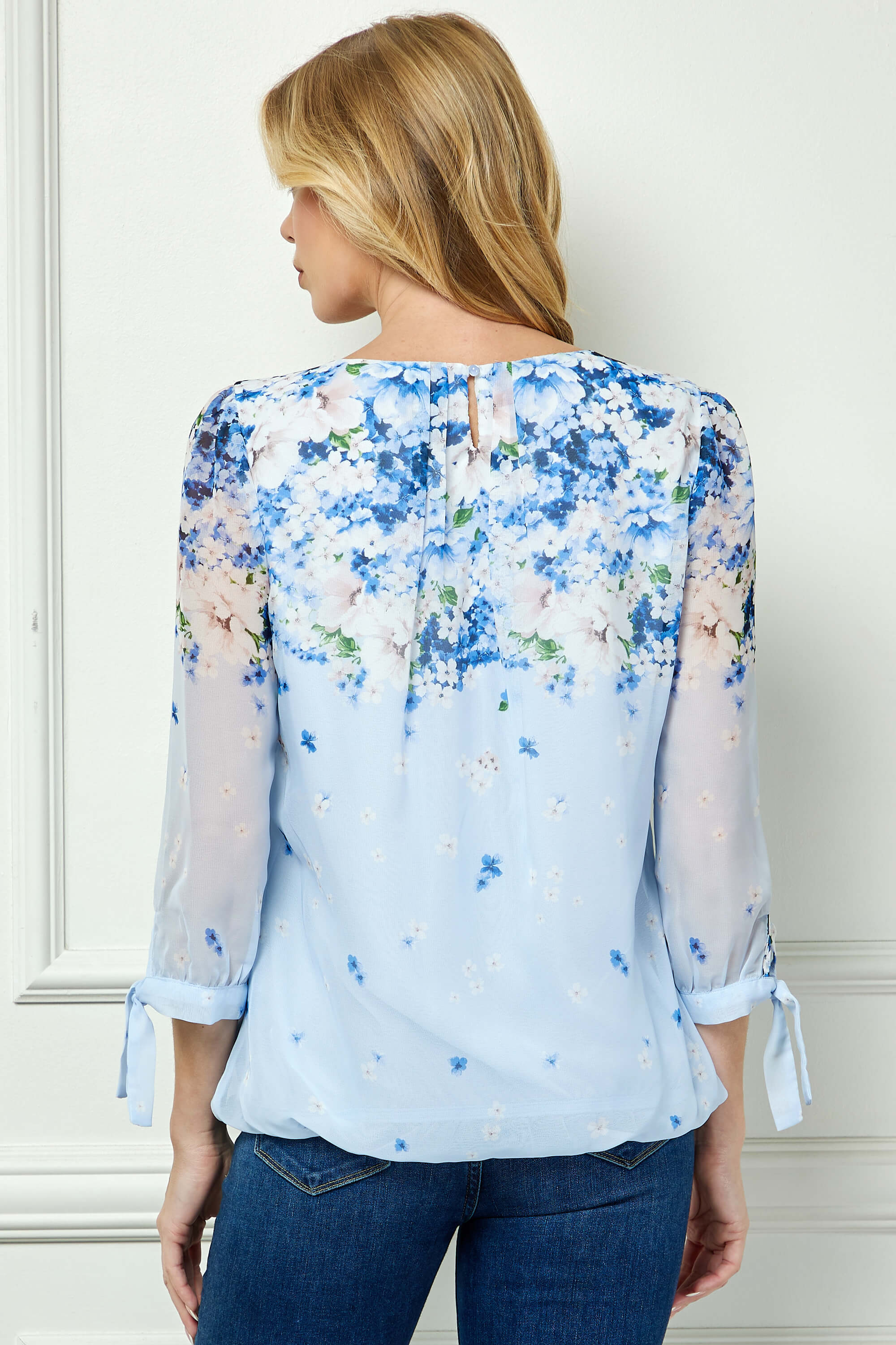 3/4 Tie Sleeve Pleat Neck Border Print Bubble Blouse in Blue - Image 2