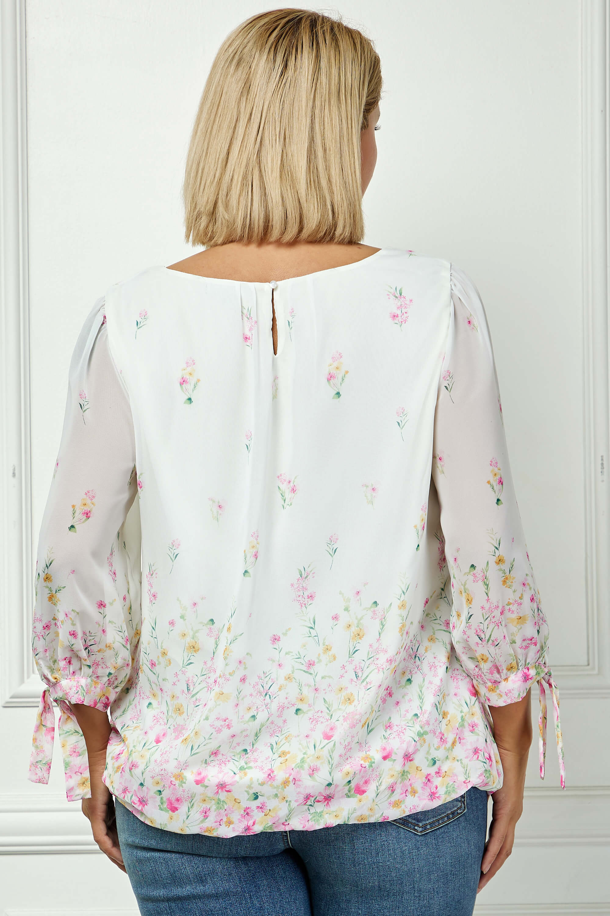 3/4 Tie Sleeve Pleat Neck Border Print Bubble Blouse in Ivory/Yellow/Pink - Plus - Image 2
