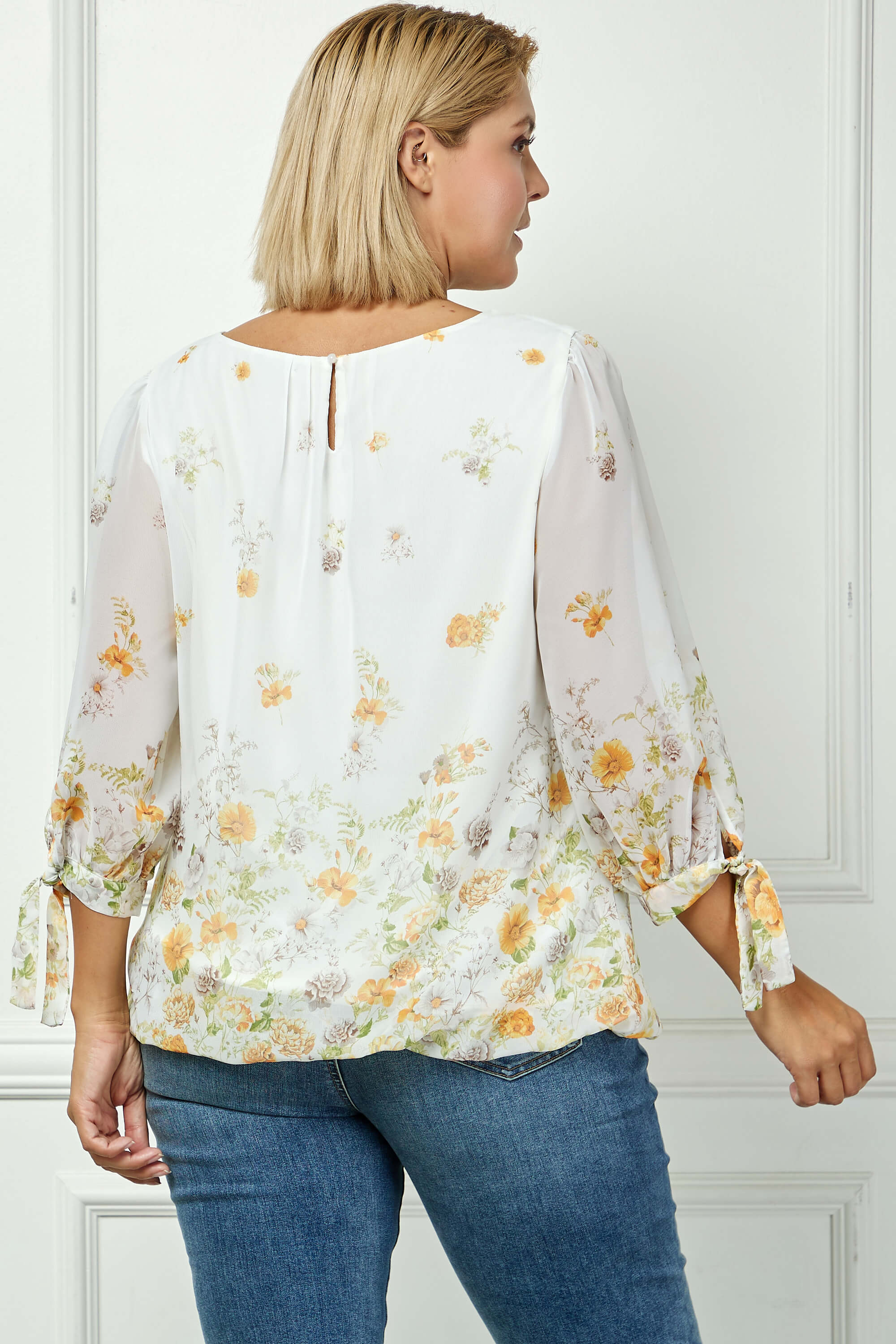 3/4 Tie Sleeve Pleat Neck Border Print Bubble Blouse in Ivory/Yellow/Taupe - Plus - Image 2