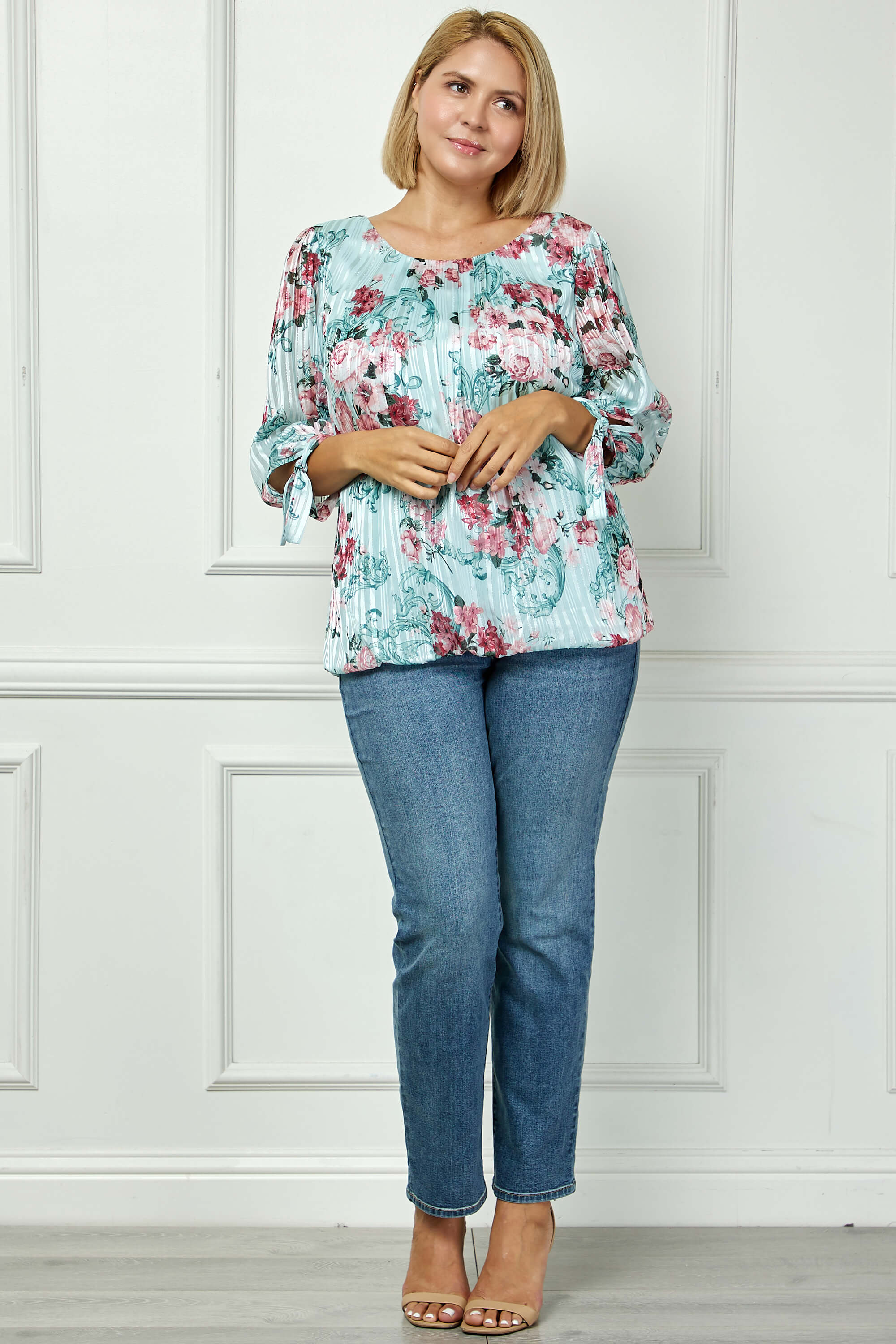 3/4 Tie Sleeve Pleat Neck Bubble Blouse in Mint Roses - Plus - Image 4