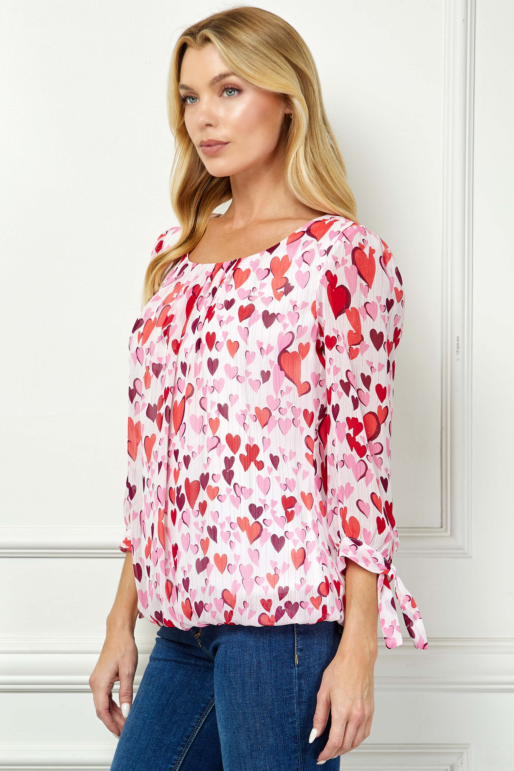 3/4 Tie Sleeve Pleat Neck Bubble Blouse in Red Multi - Image 4