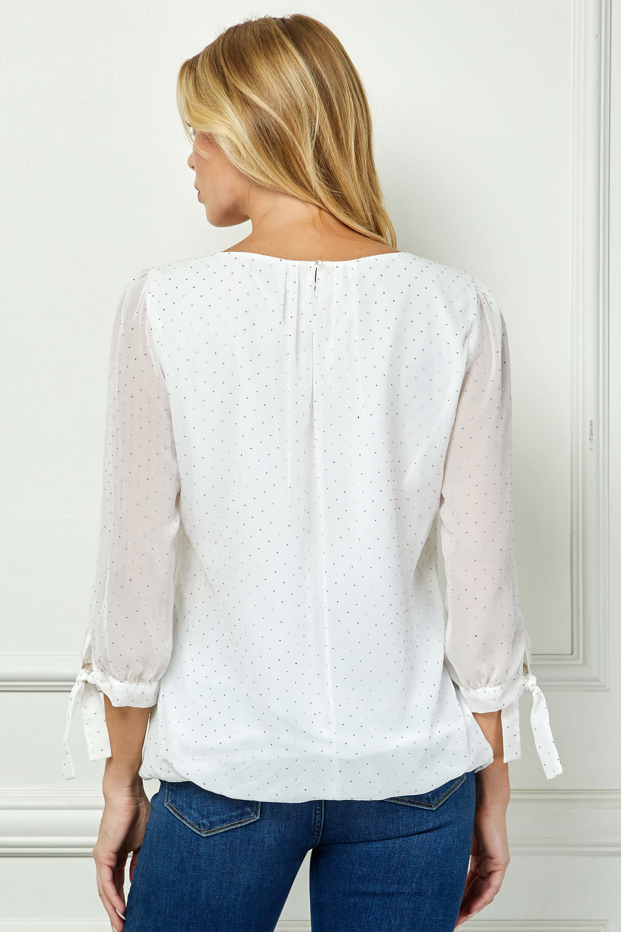 3/4 Tie Sleeve Pleat Neck Bubble Blouse in White - Image 2