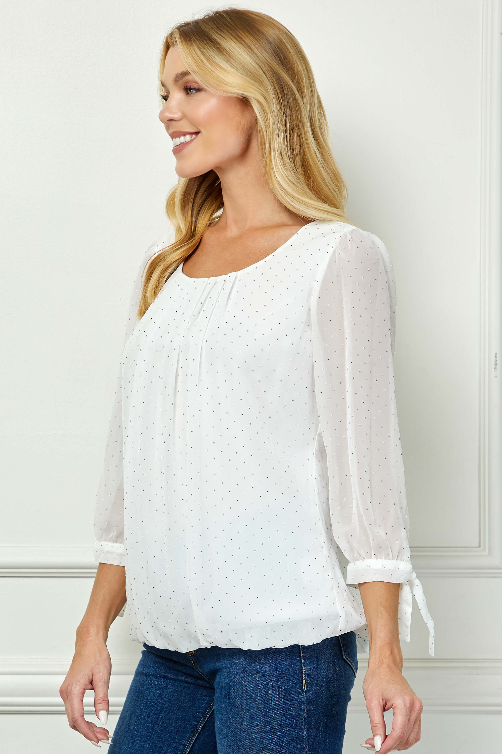 3/4 Tie Sleeve Pleat Neck Bubble Blouse in White - Image 4