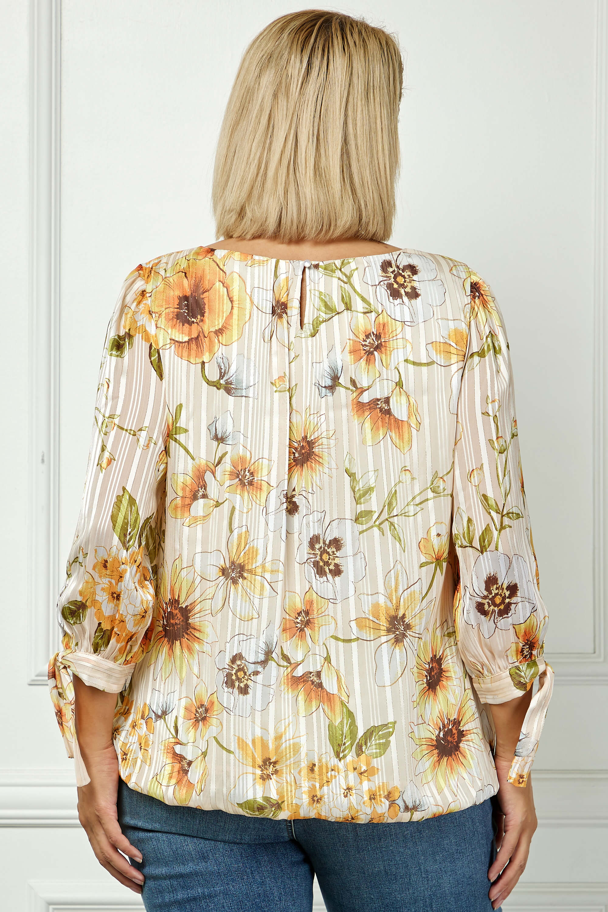 3/4 Tie Sleeve Pleat Neck Bubble Blouse in Yellow Pansy - Plus - Image 2