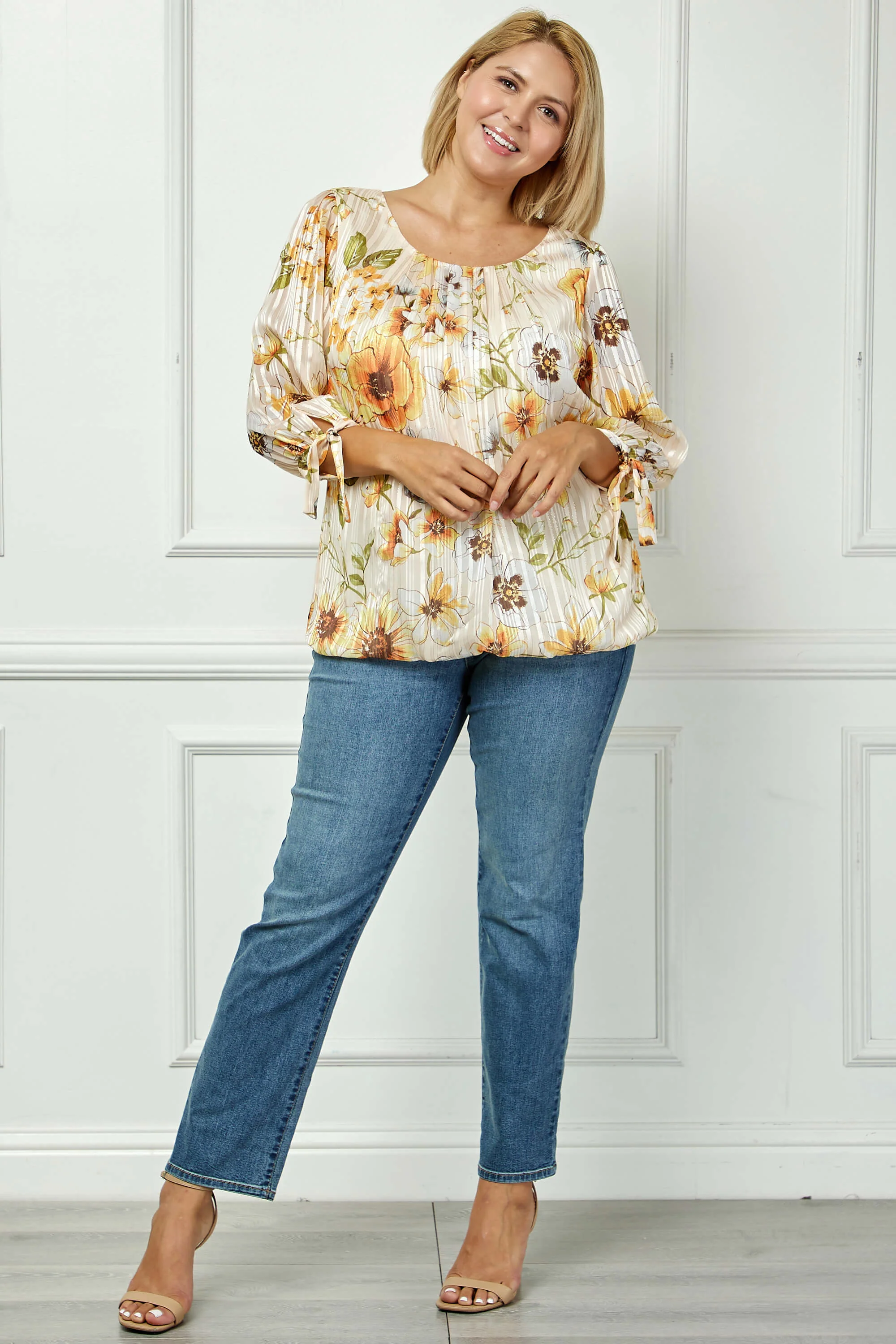 3/4 Tie Sleeve Pleat Neck Bubble Blouse in Yellow Pansy - Plus - Image 4