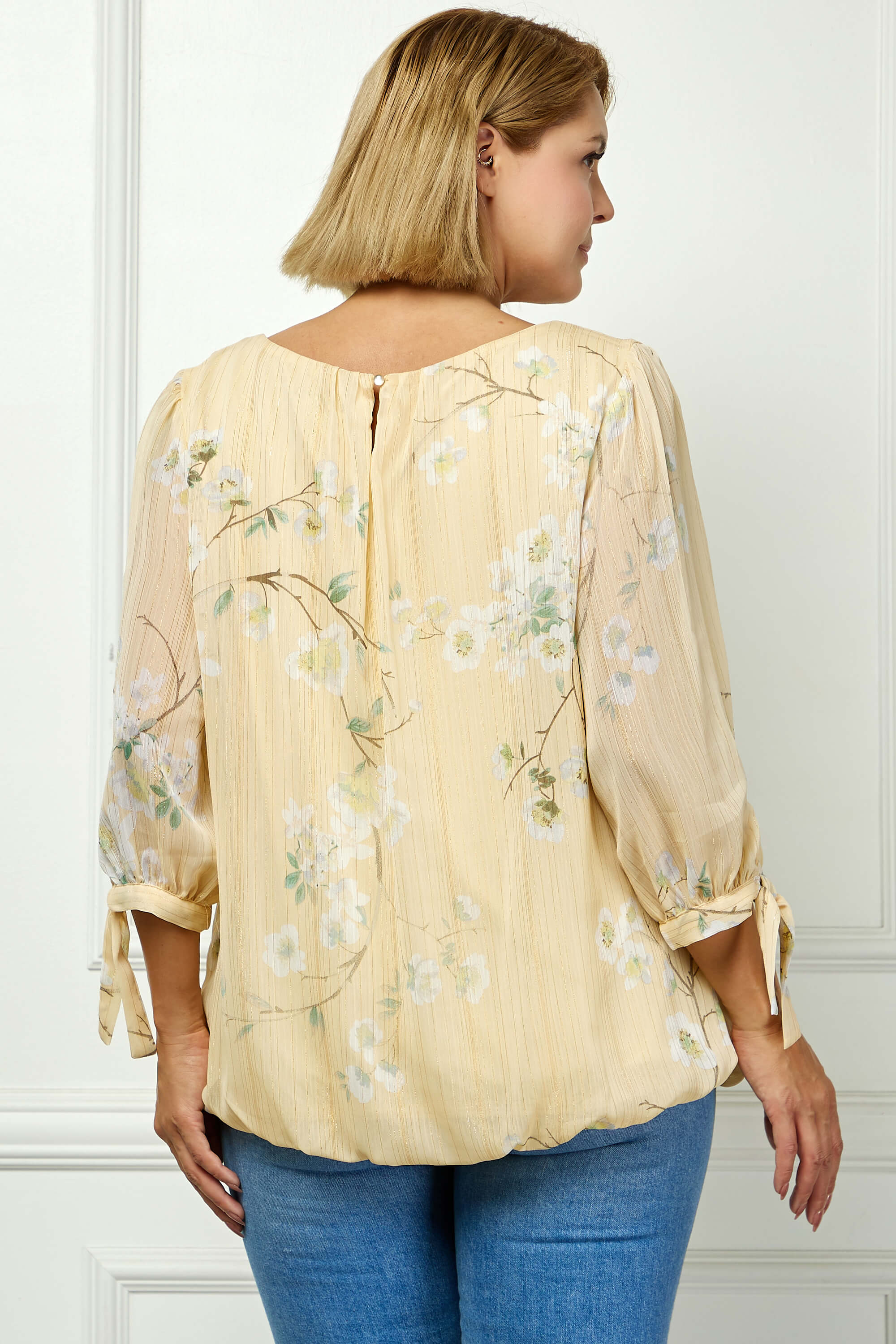 3/4 Tie Sleeve Pleat Neck Bubble Blouse in Yellow - Plus - Image 2