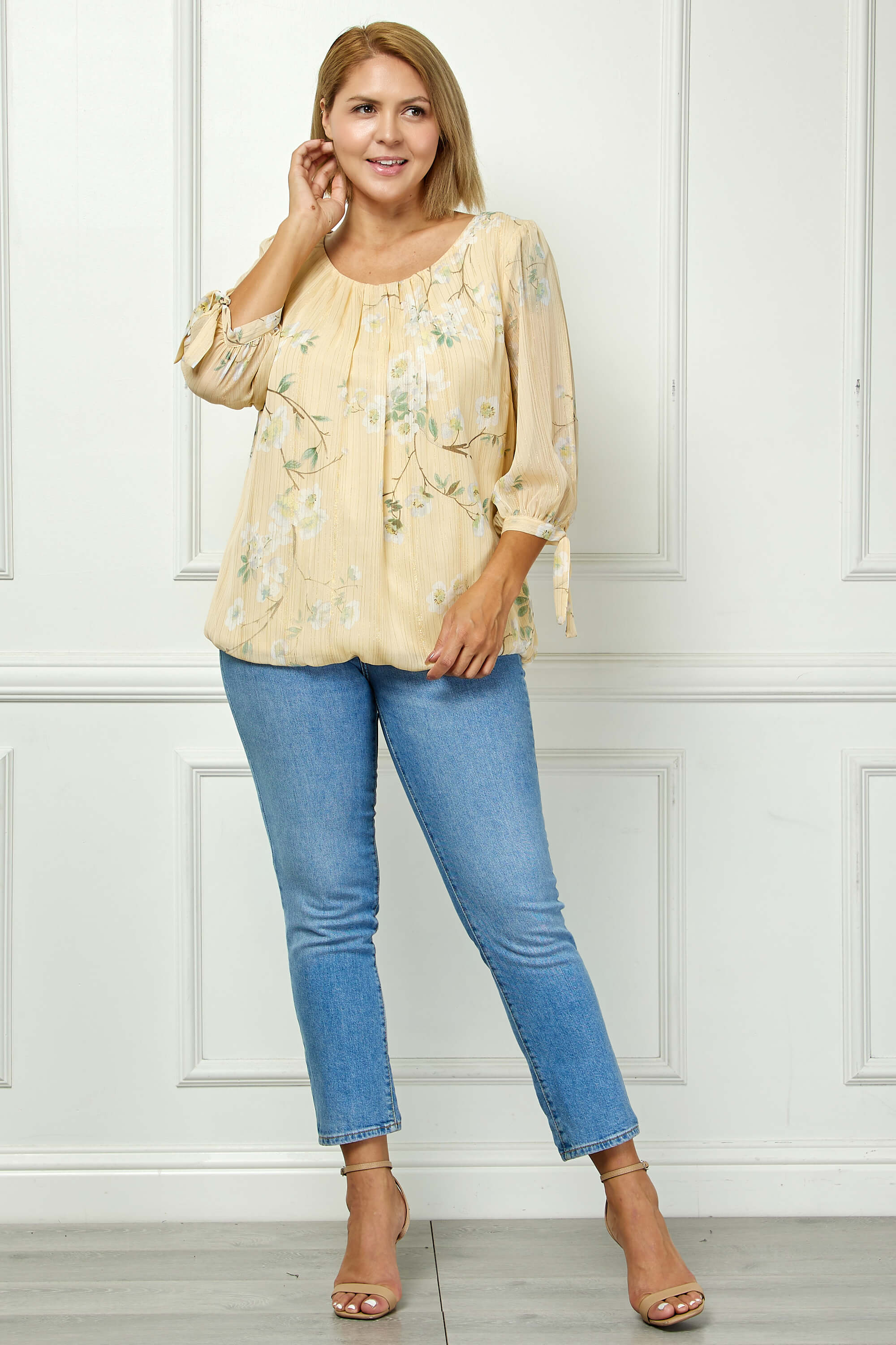 3/4 Tie Sleeve Pleat Neck Bubble Blouse in Yellow - Plus - Image 4