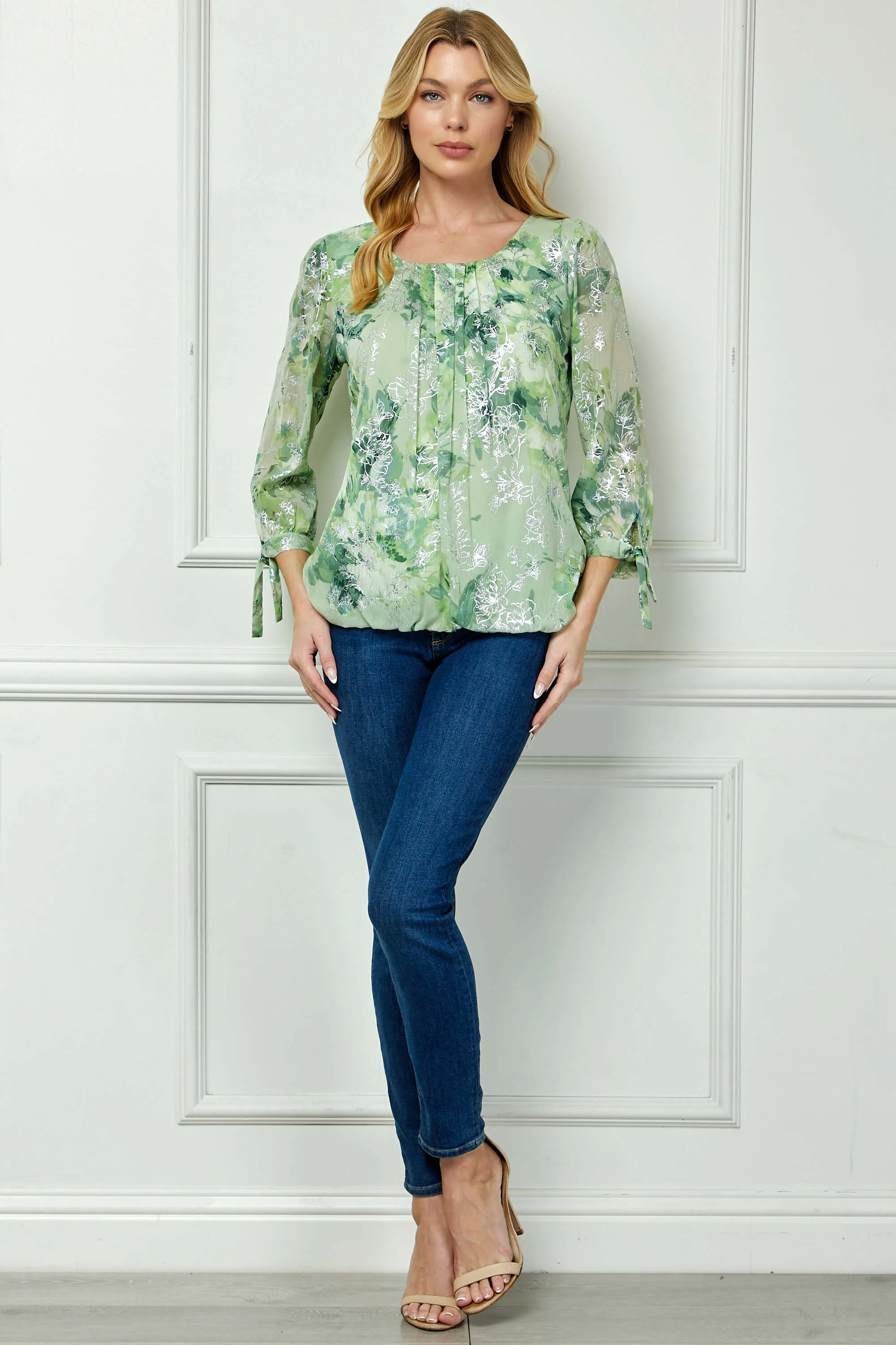 3/4 Tie Sleeve Pleat Neck Floral Foil Bubble Blouse in Sage/Cream Watercolor - Image 4