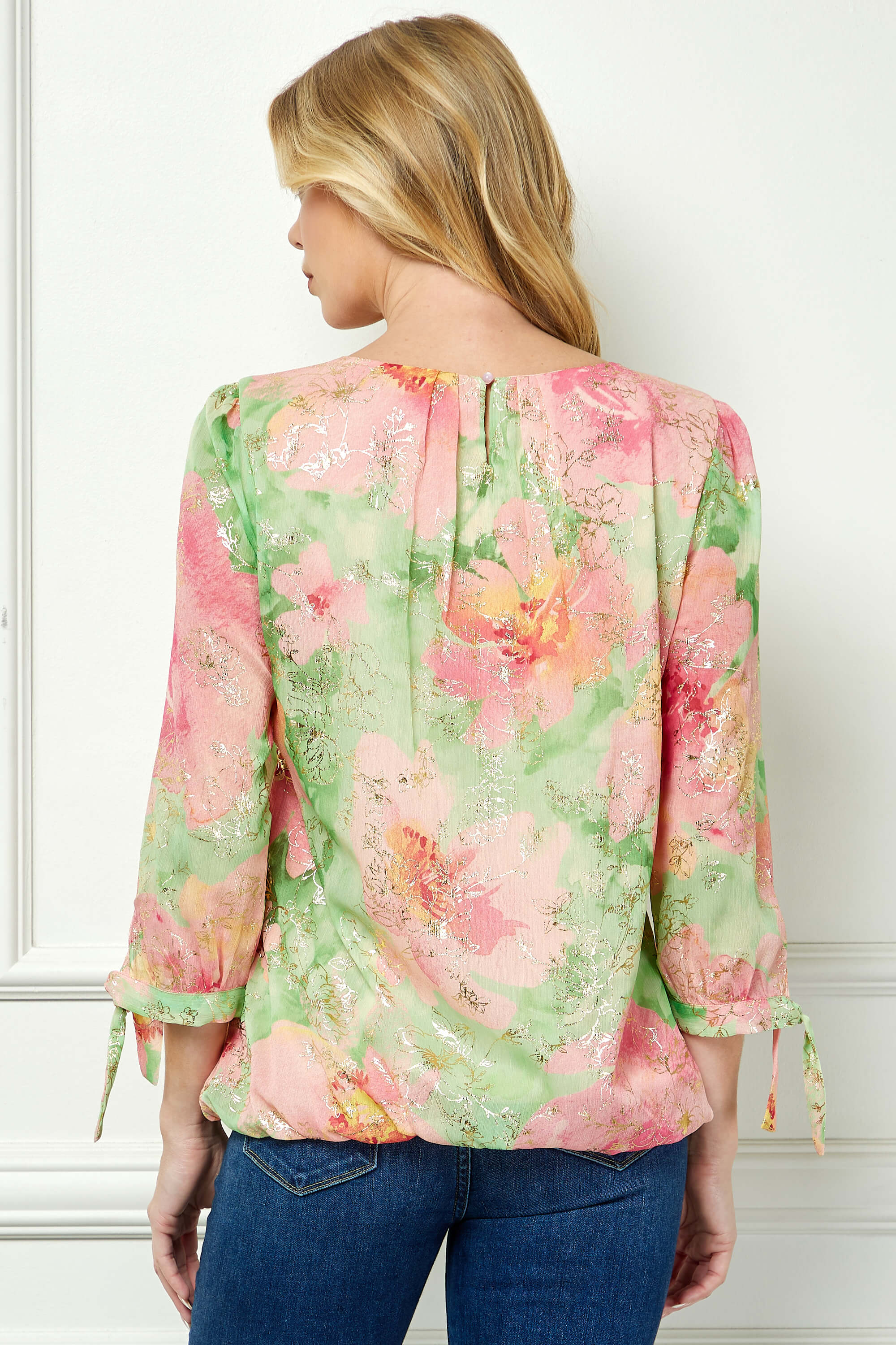 3/4 Tie Sleeve Pleat Neck Floral Foil Bubble Blouse in Sage/Pink Watercolor - Image 2