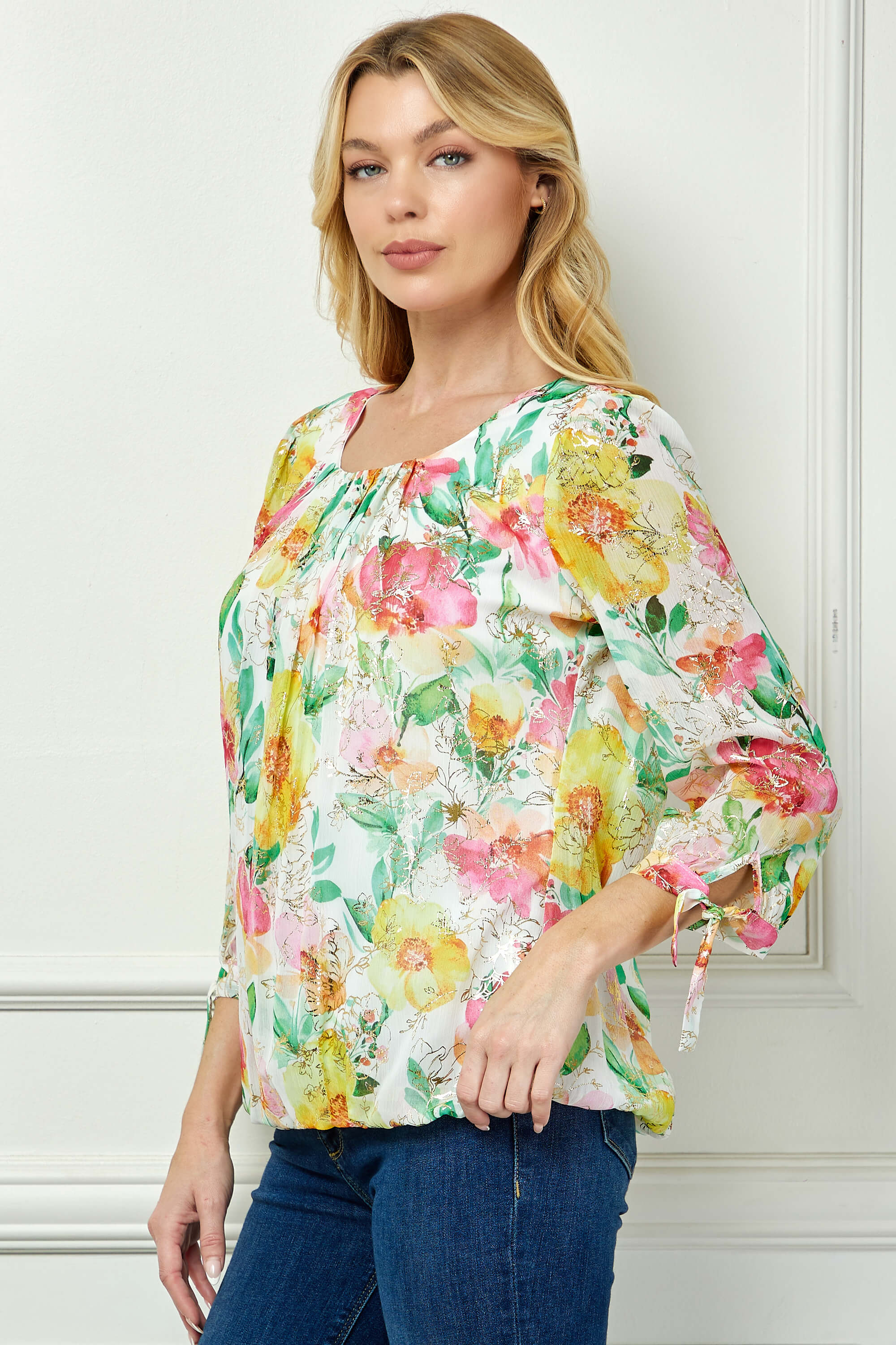 3/4 Tie Sleeve Pleat Neck Floral Foil Bubble Blouse in White/Pink/Green Multi - Image 3