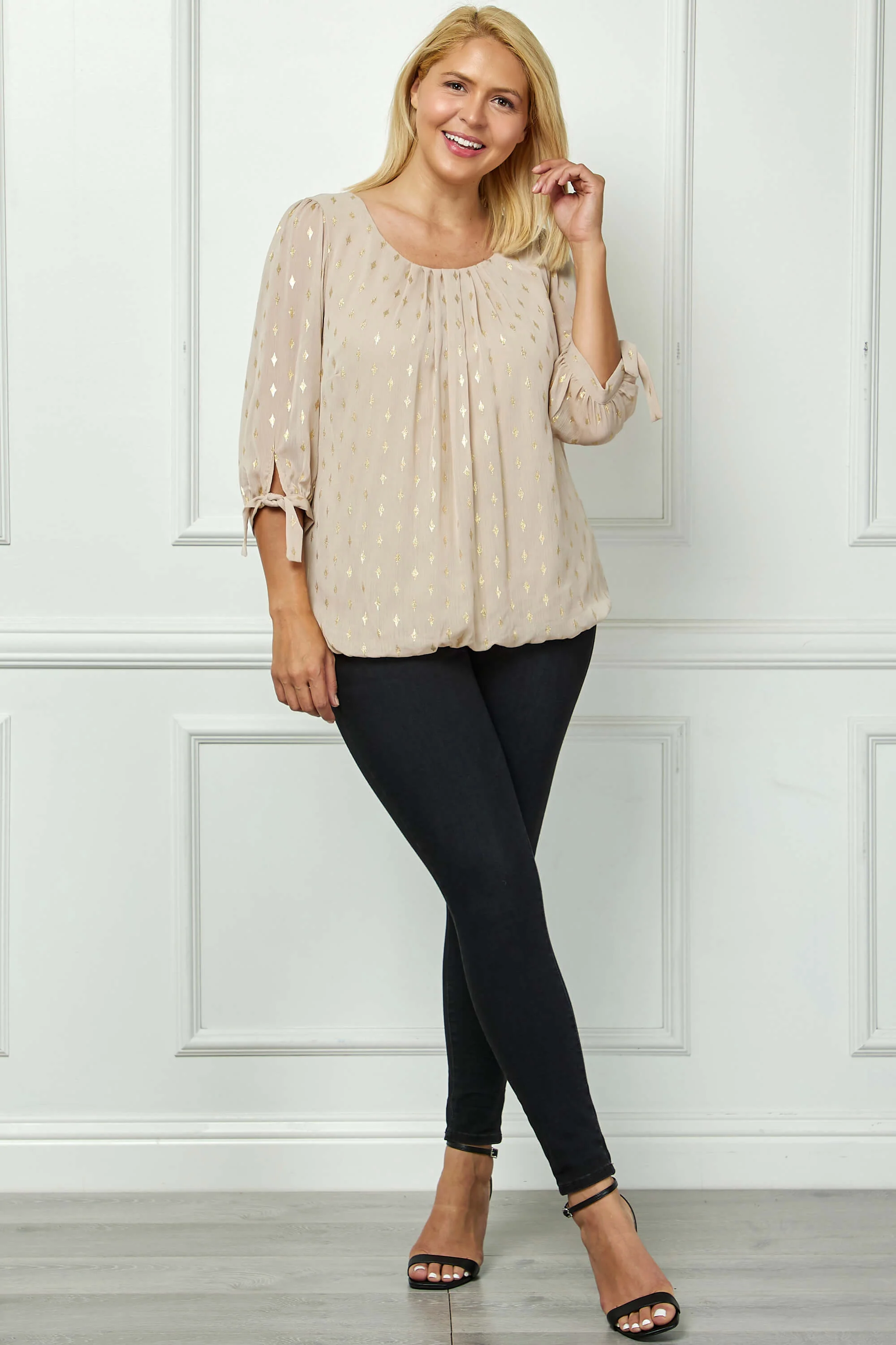 3/4 Tie Sleeve Pleat Neck Foil Bubble Blouse in Beige - Plus - Image 3