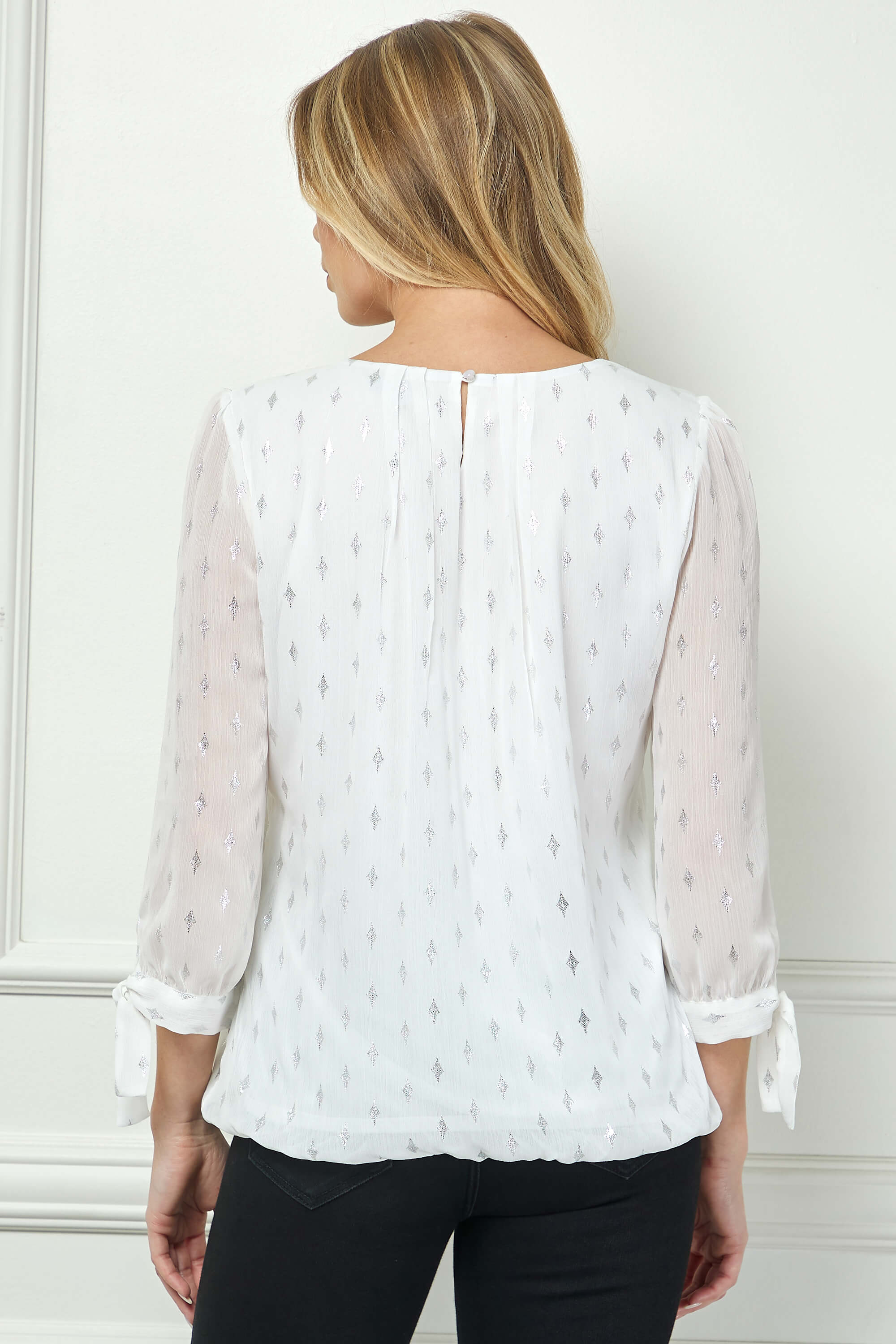 3/4 Tie Sleeve Pleat Neck Foil Bubble Blouse in Ivory/Silver - Image 2
