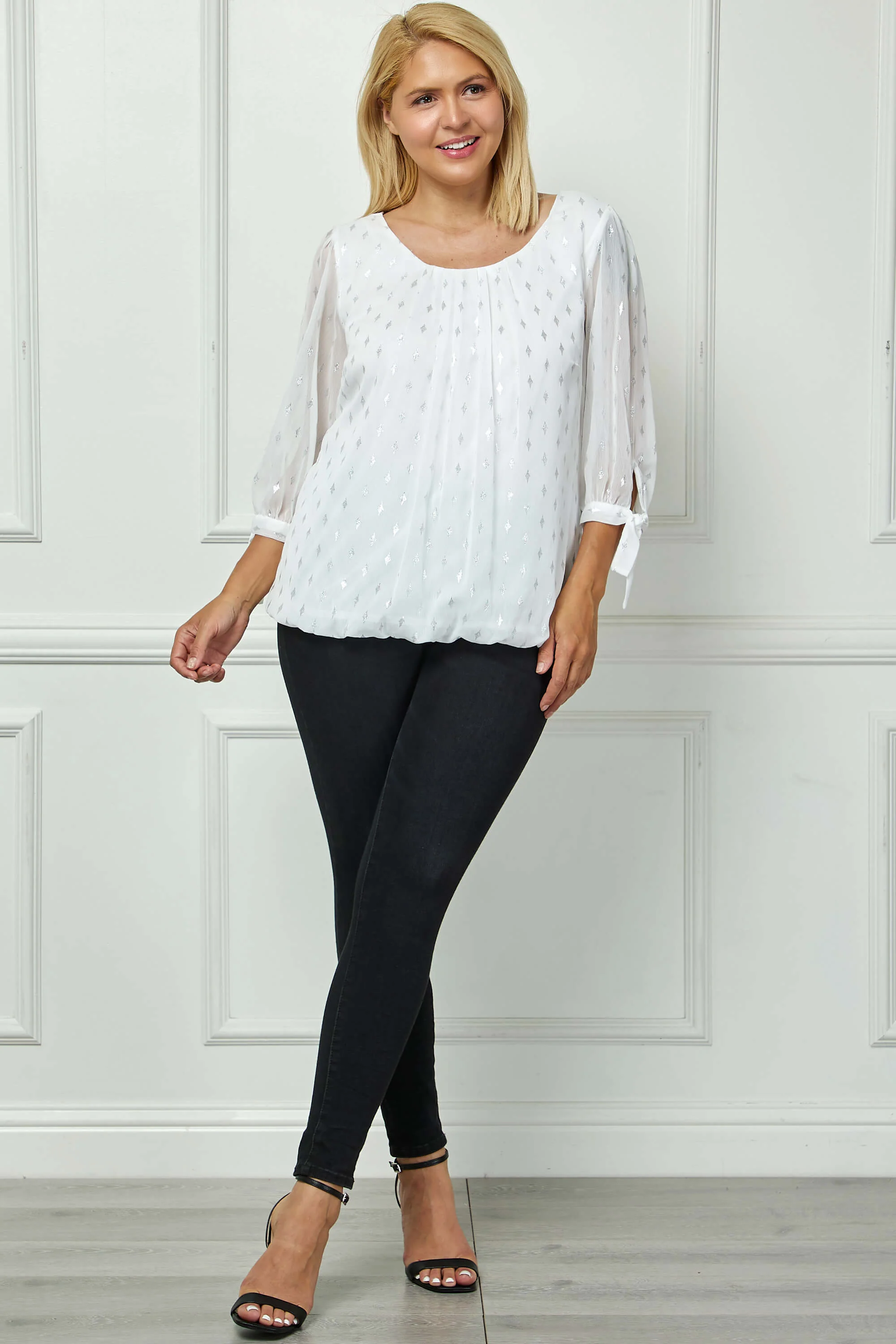 3/4 Tie Sleeve Pleat Neck Foil Bubble Blouse in Ivory/Silver - Plus - Image 4