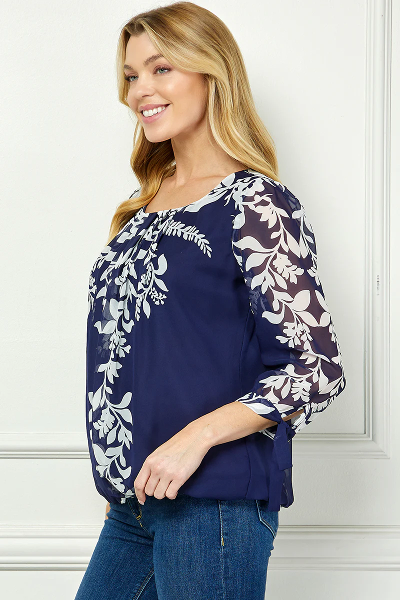 3/4 Tie Sleeve Pleat Neck Placement Print Bubble Blouse in Navy - Image 3