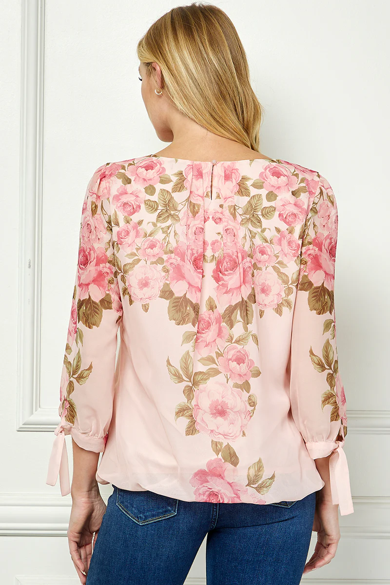 3/4 Tie Sleeve Pleat Neck Placement Print Bubble Blouse in Pink - Image 2
