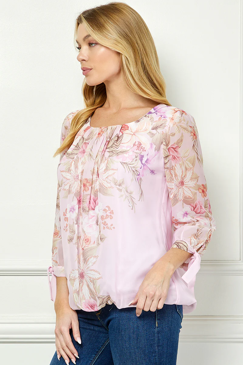 3/4 Tie Sleeve Pleat Neck Placement Print Bubble Blouse in Pink/Melon - Image 4