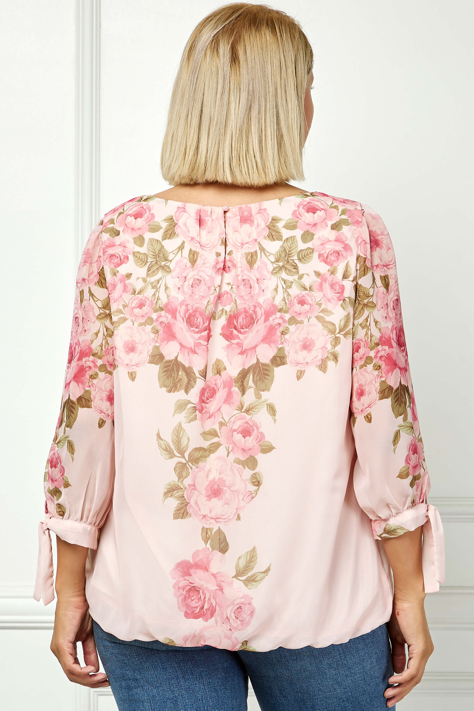 3/4 Tie Sleeve Pleat Neck Placement Print Bubble Blouse in Pink - Plus - Image 2