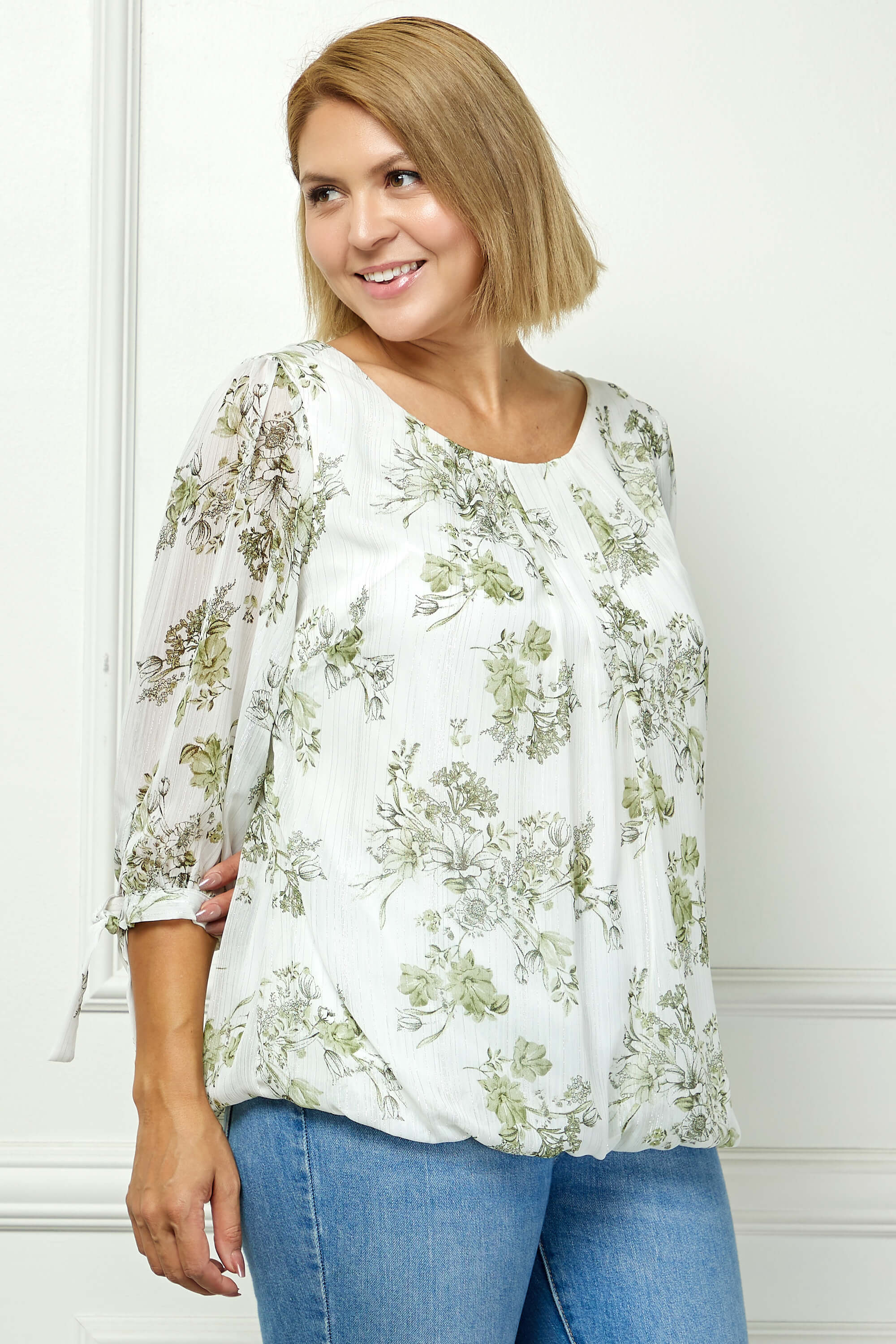 3/4 Tie Sleeve Pleat Neck Studded Bubble Blouse in Ivory/Sage Sketch - Plus - Image 3