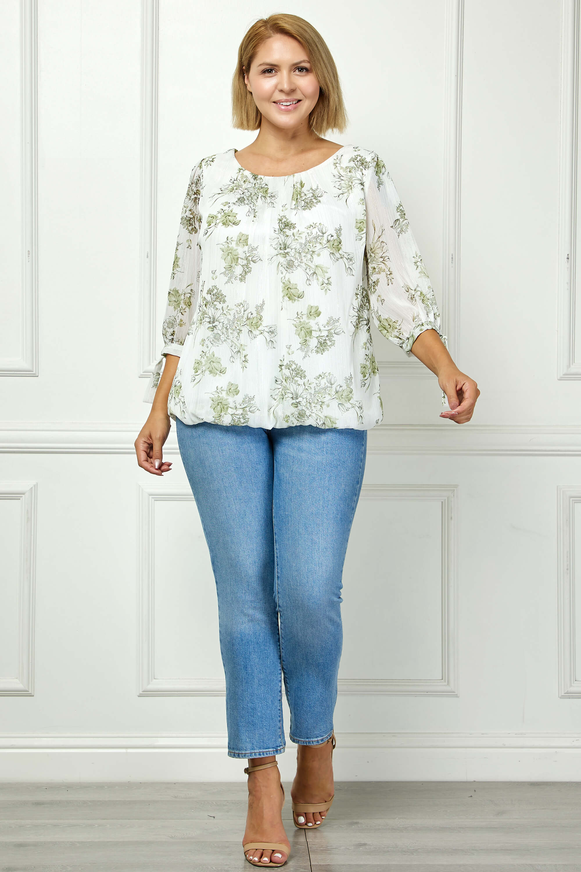 3/4 Tie Sleeve Pleat Neck Studded Bubble Blouse in Ivory/Sage Sketch - Plus - Image 4