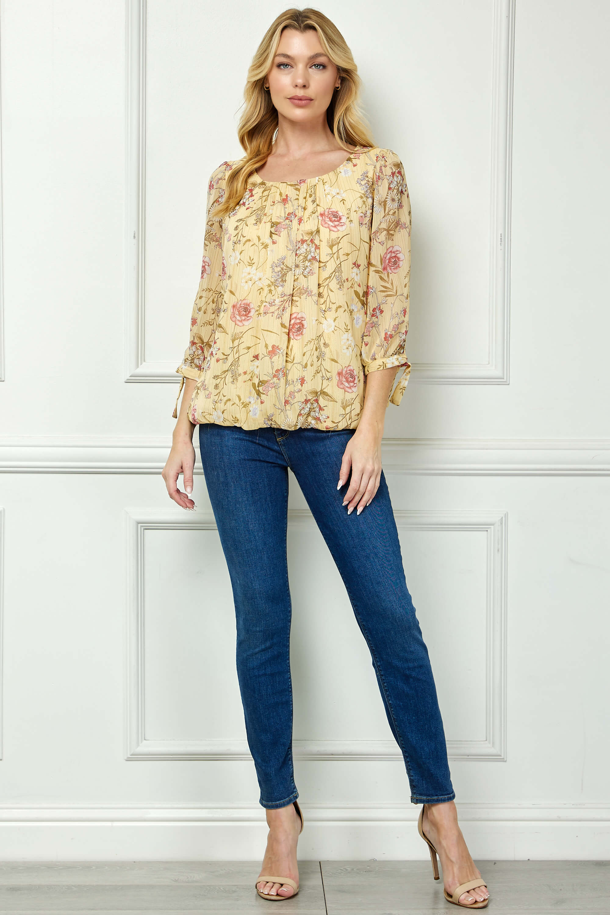 3/4 Tie Sleeve Pleat Neck Studded Bubble Blouse in Yellow Floral - Image 4