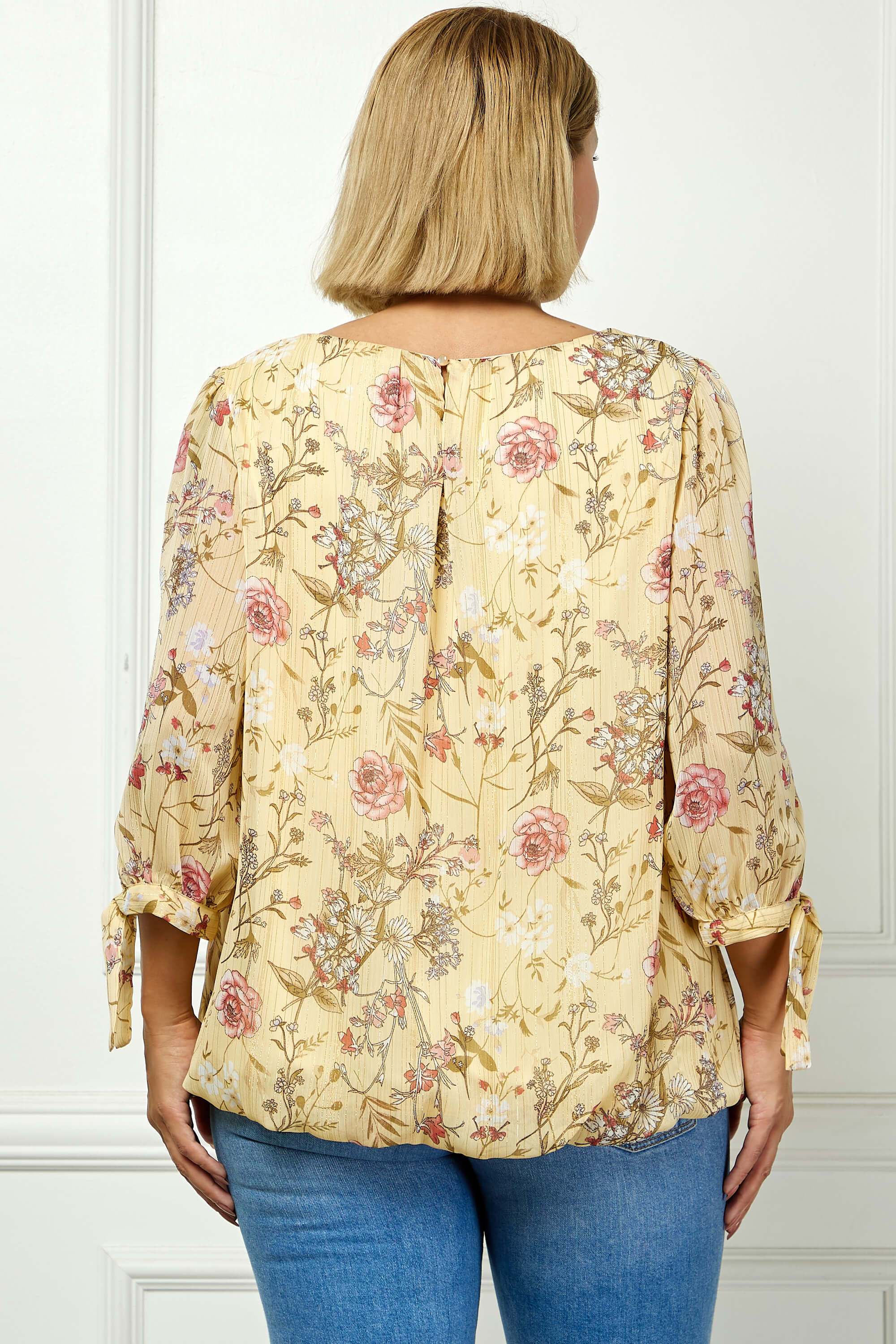 3/4 Tie Sleeve Pleat Neck Studded Bubble Blouse in Yellow Floral - Plus - Image 2