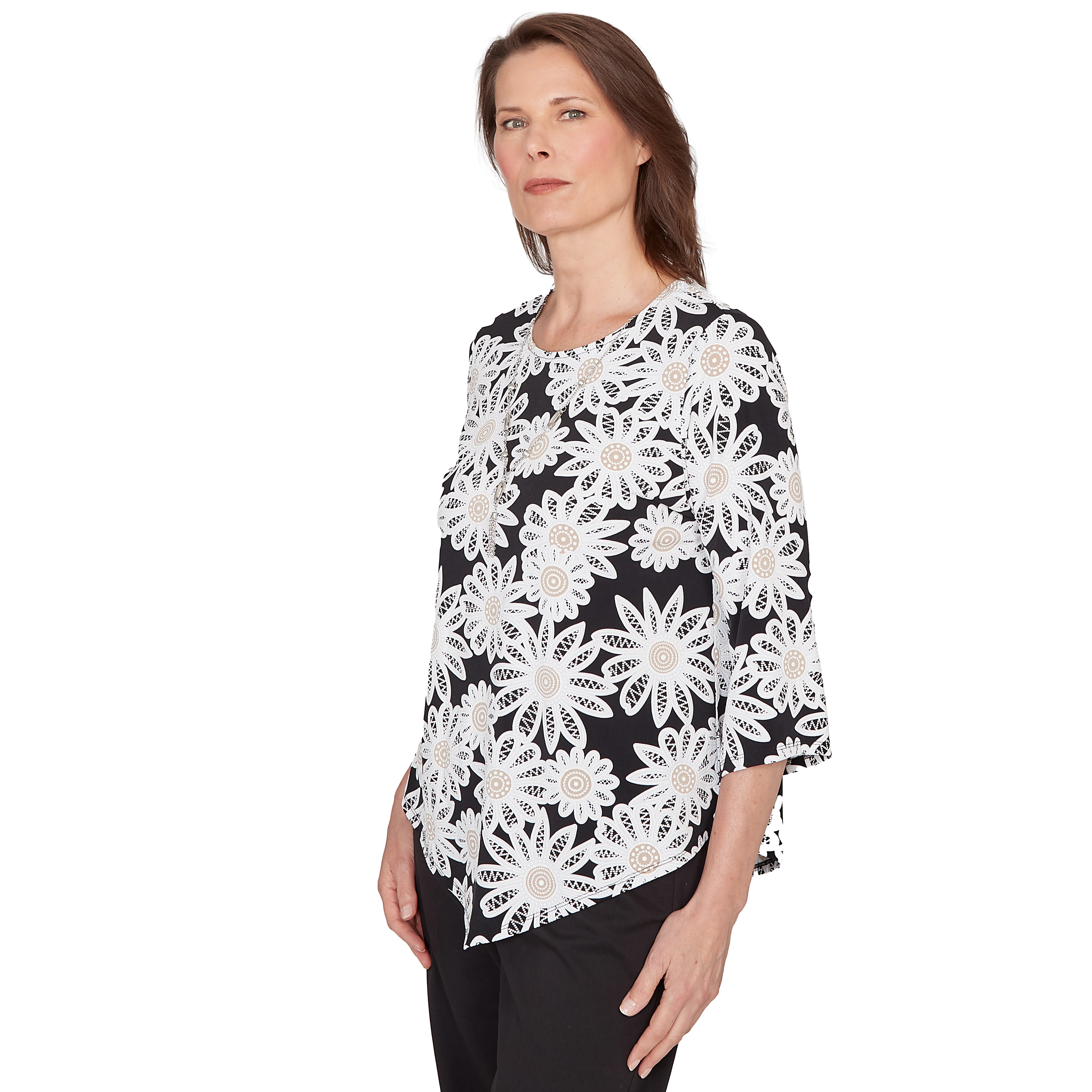 Alfred Dunner Daisy Pointed Hem Top with Necklace- Petite - Image 3