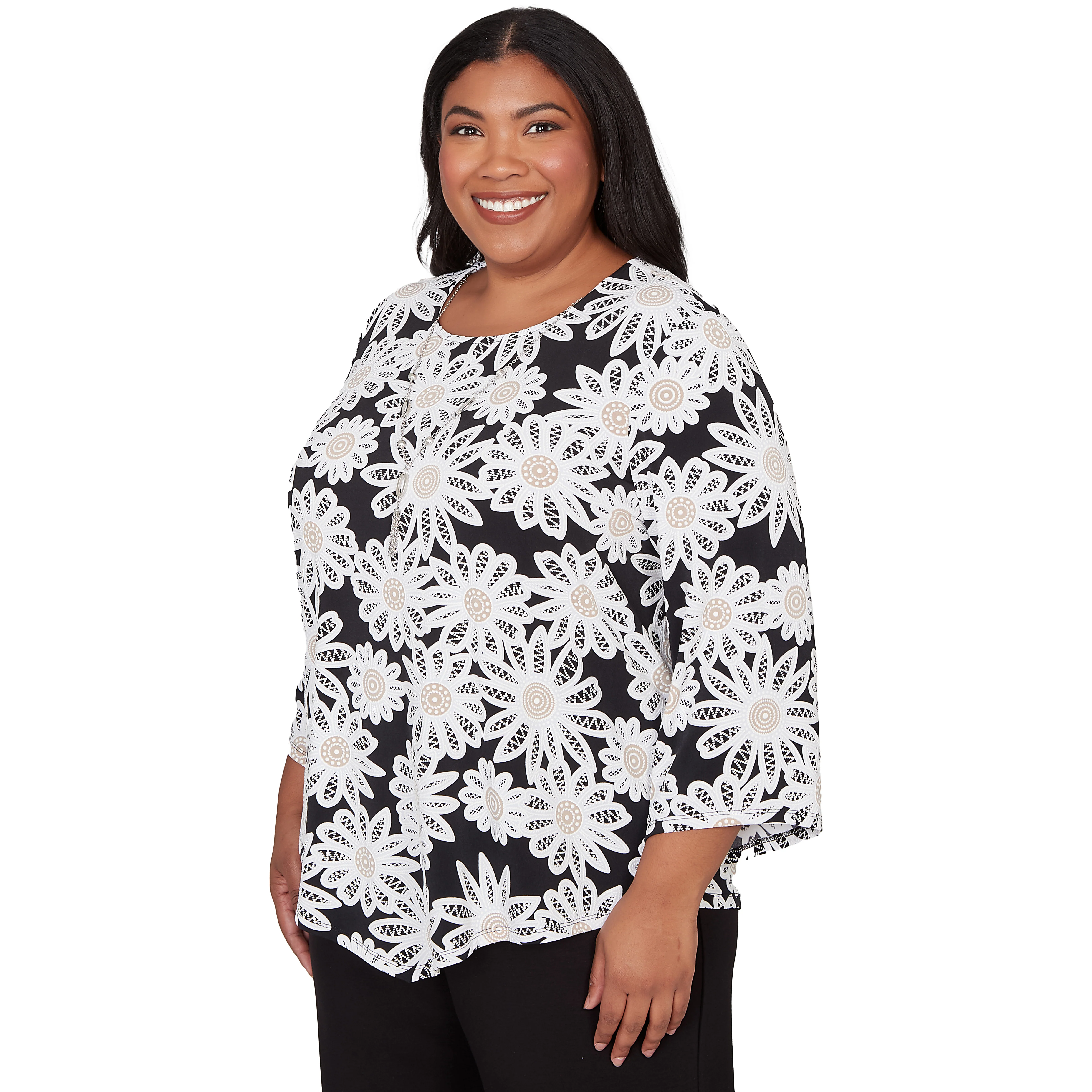 Alfred Dunner Daisy Pointed Hem Top with Necklace - Plus - Image 3