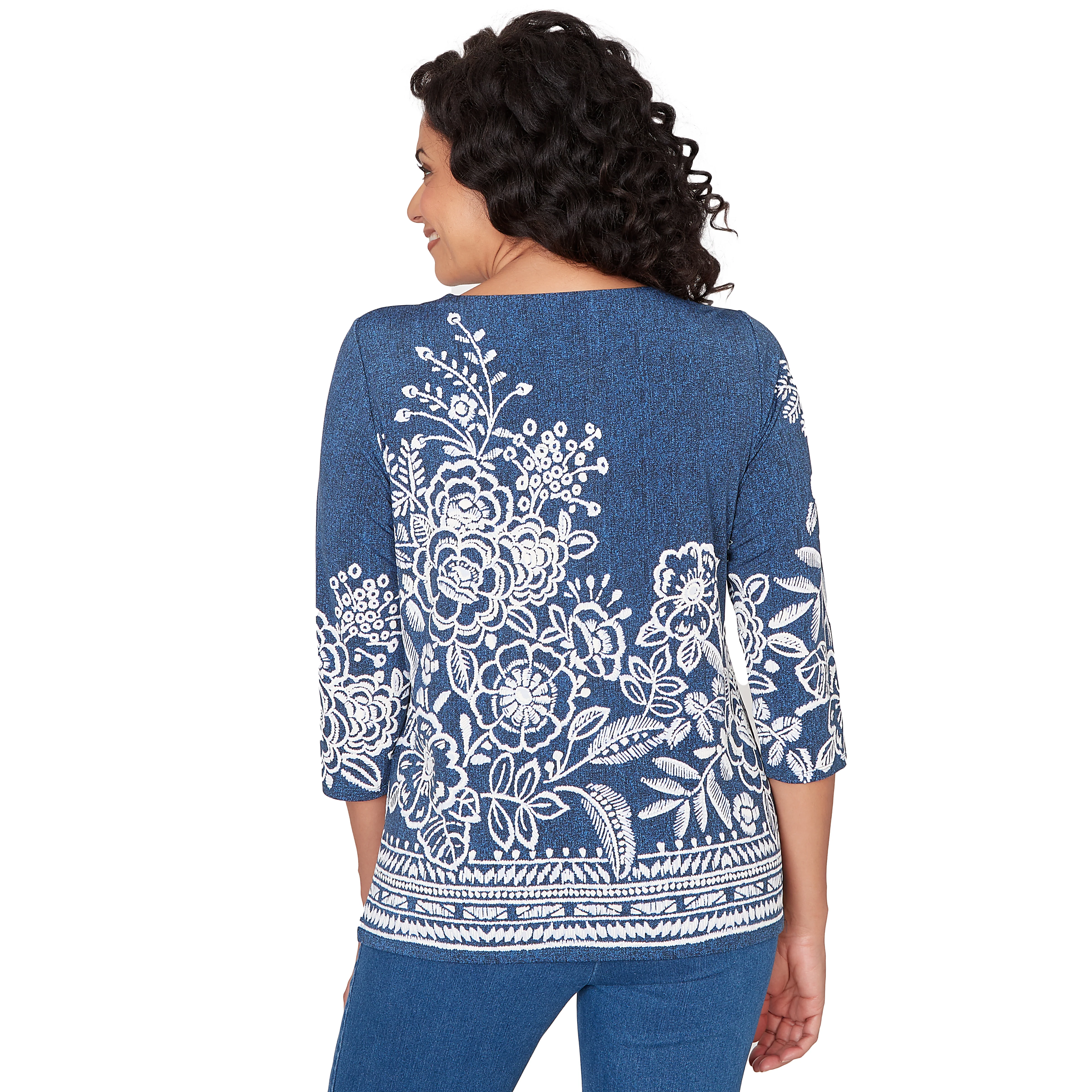 Alfred Dunner Floral Border Embroidered Split Neck Top - Image 2