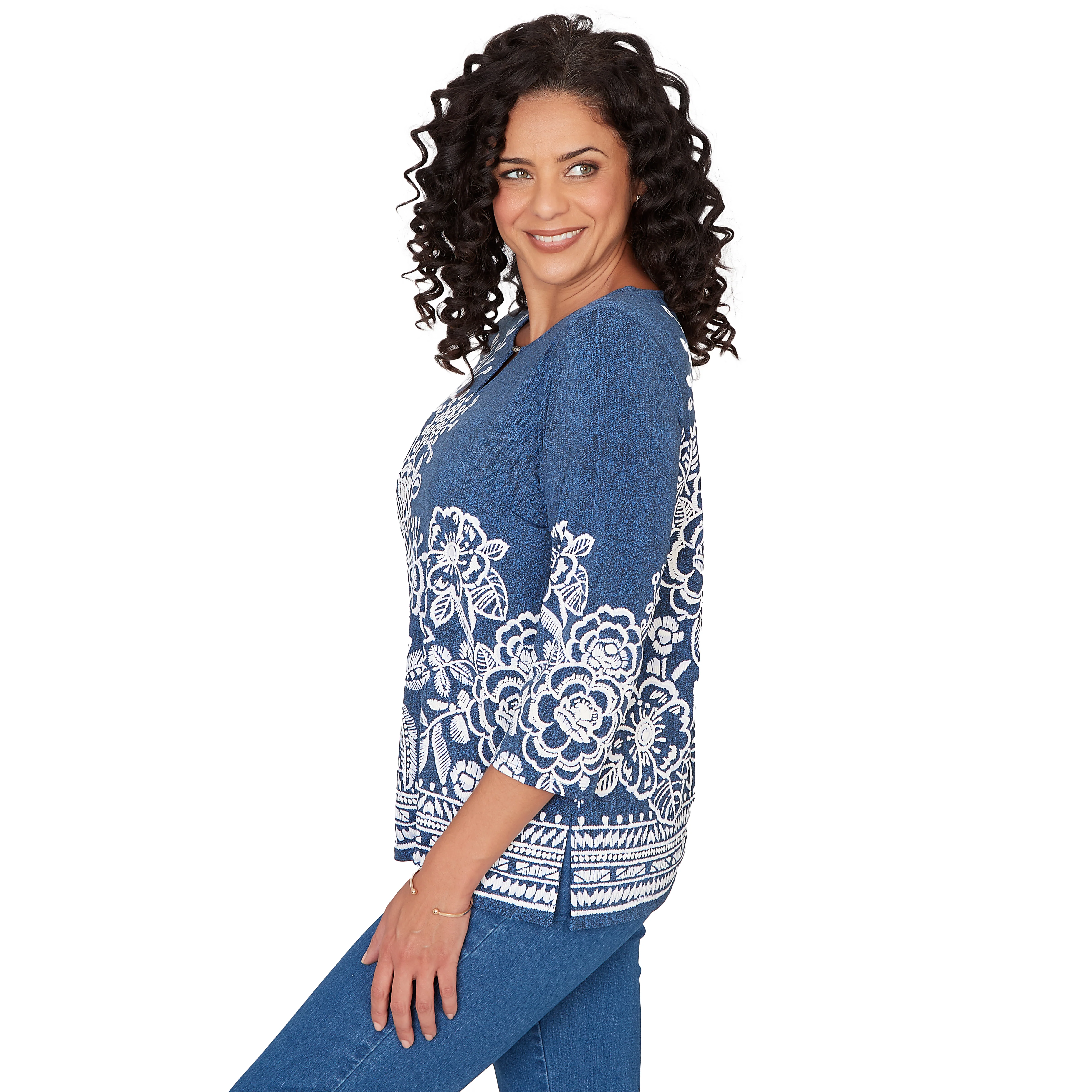 Alfred Dunner Floral Border Embroidered Split Neck Top - Image 4