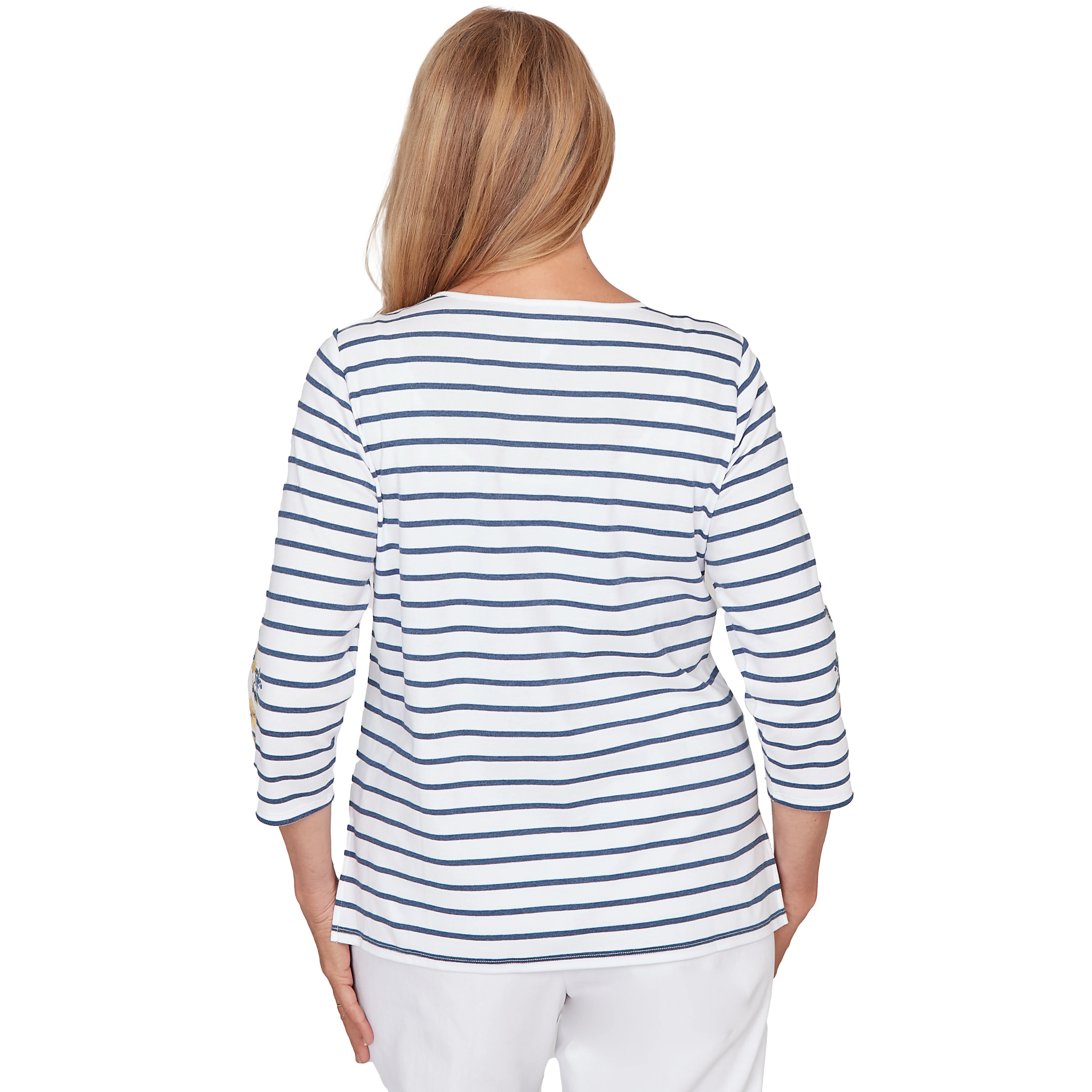 Alfred Dunner Floral Embroidered Stripe Top with Necklace - Image 2