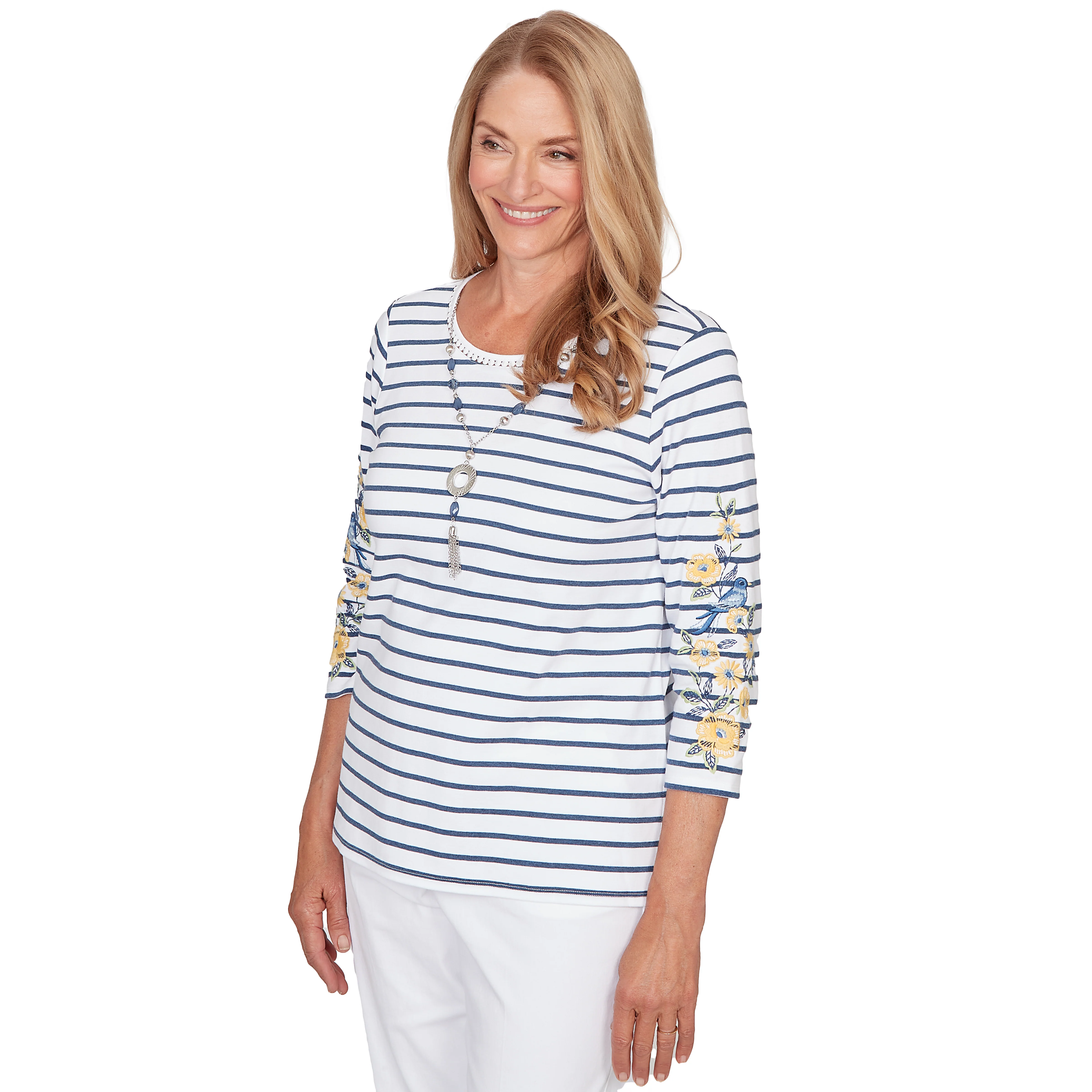 Alfred Dunner Floral Embroidered Stripe Top with Necklace- Petite - Image 3