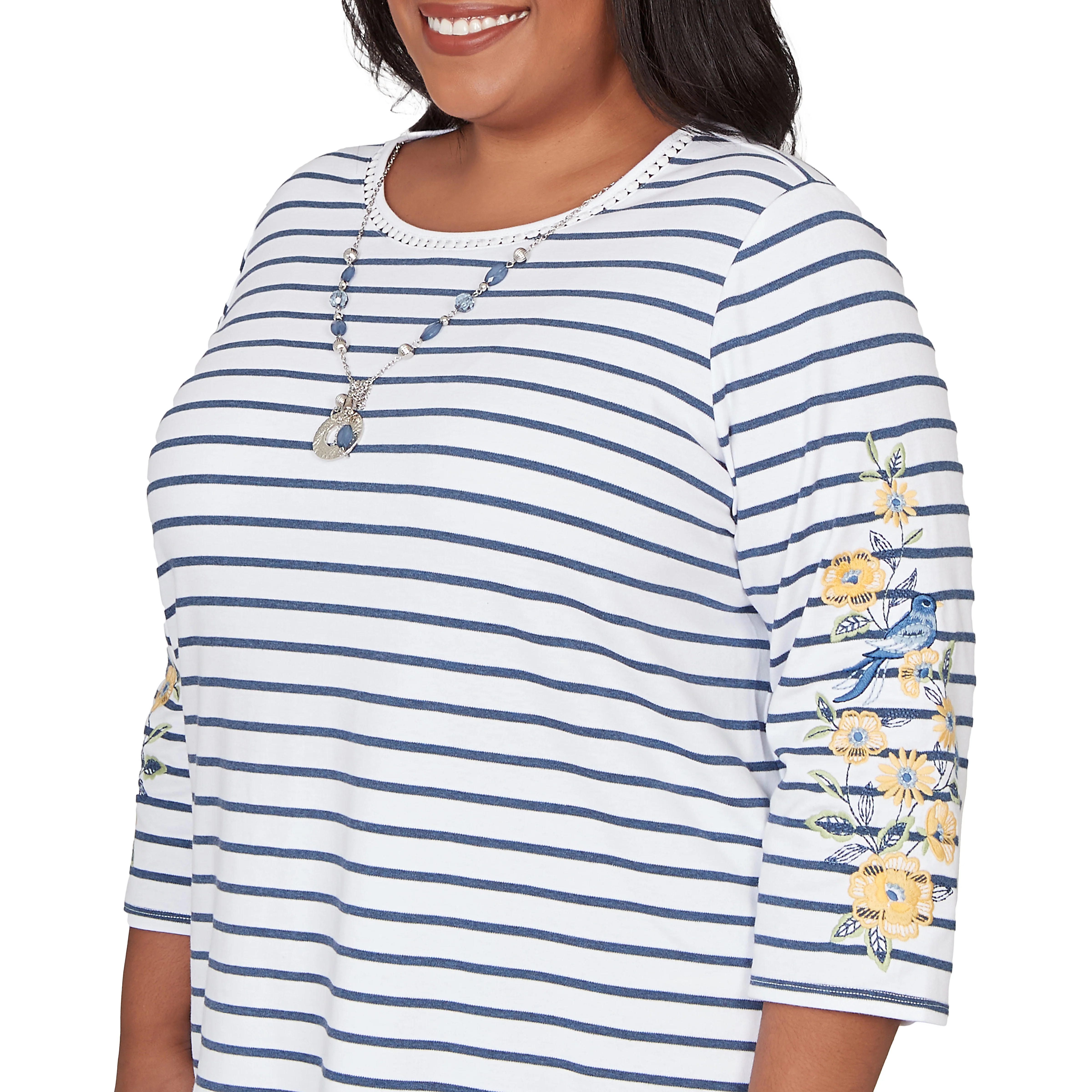 Alfred Dunner Floral Embroidered Stripe Top with Necklace - Plus - Image 5