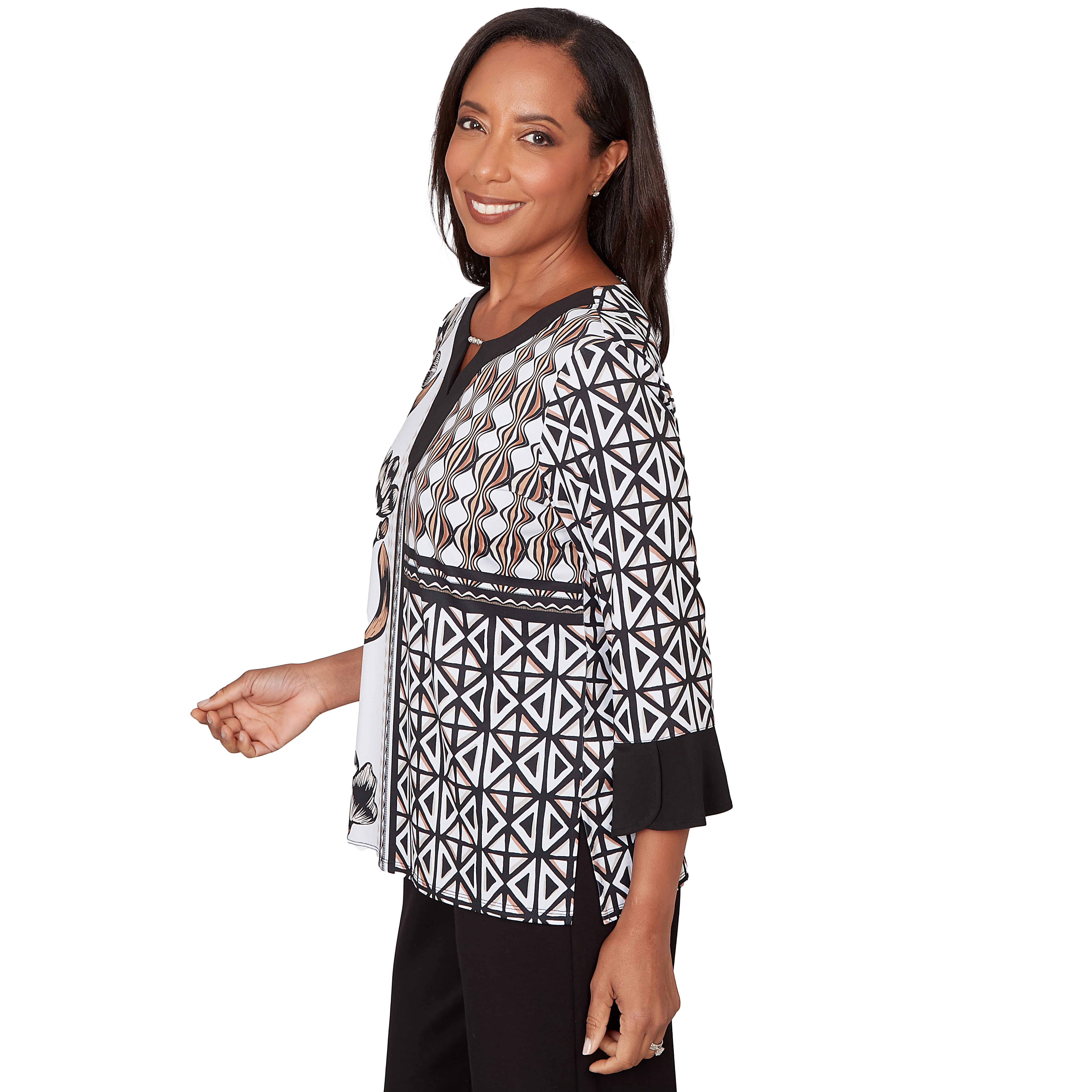 Alfred Dunner Floral Geo Patchwork Split Neck Top - Image 4