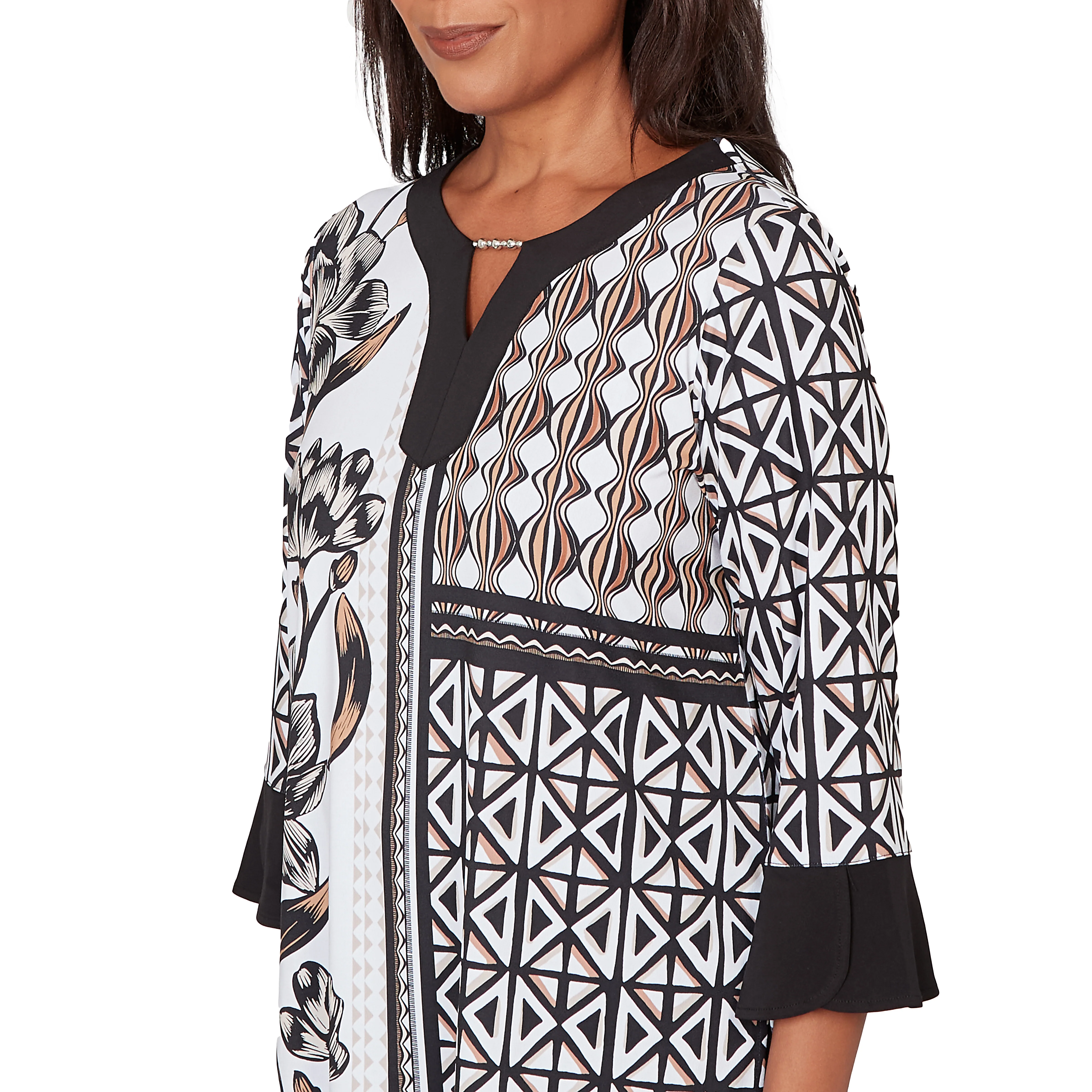 Alfred Dunner Floral Geo Patchwork Split Neck Top - Image 5