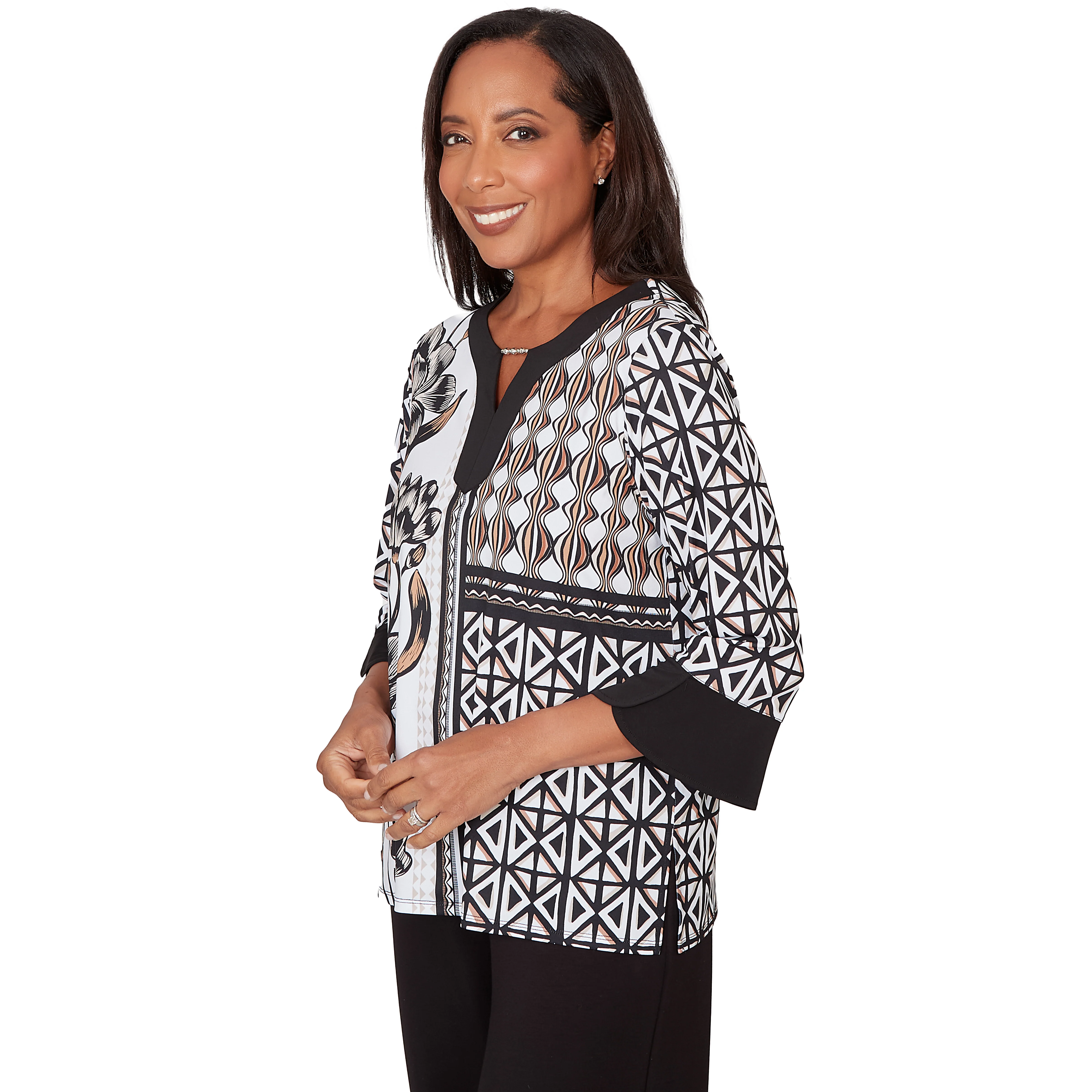 Alfred Dunner Floral Geo Patchwork Split Neck Top- Petite - Image 3